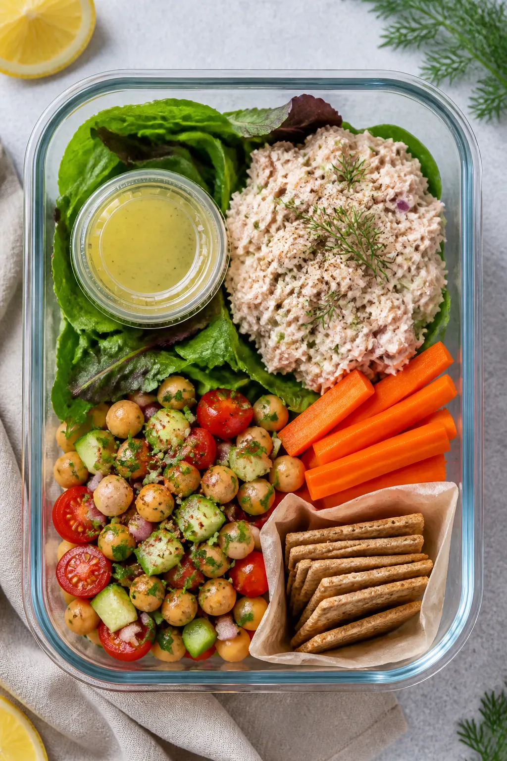 Tasty top view final presentation: Overhead shot of a finished tuna salad meal prep box ready to eat