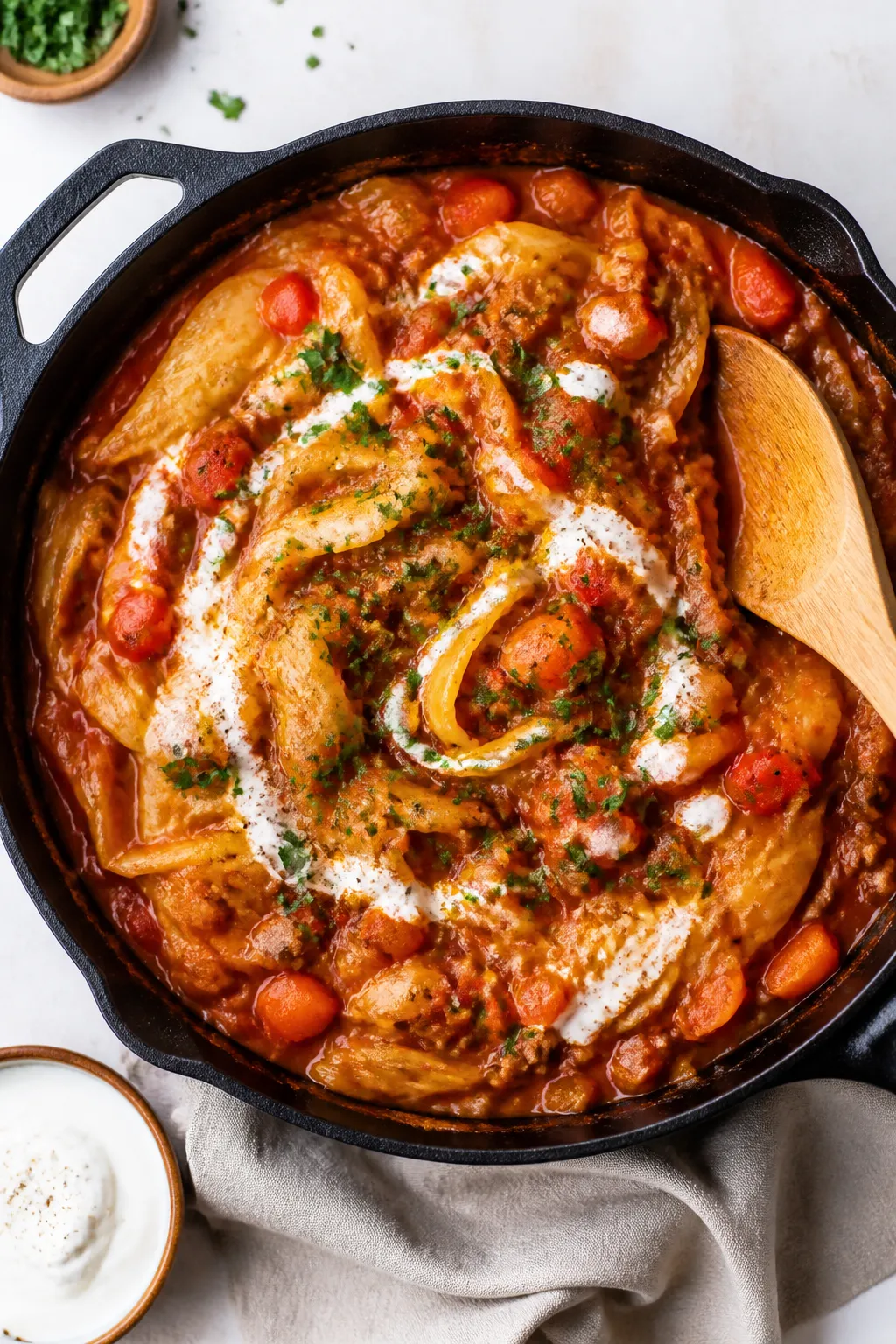 Tasty top view, hearty skillet scene: Overhead shot of the finished cabbage roll bowl mixture in a w
