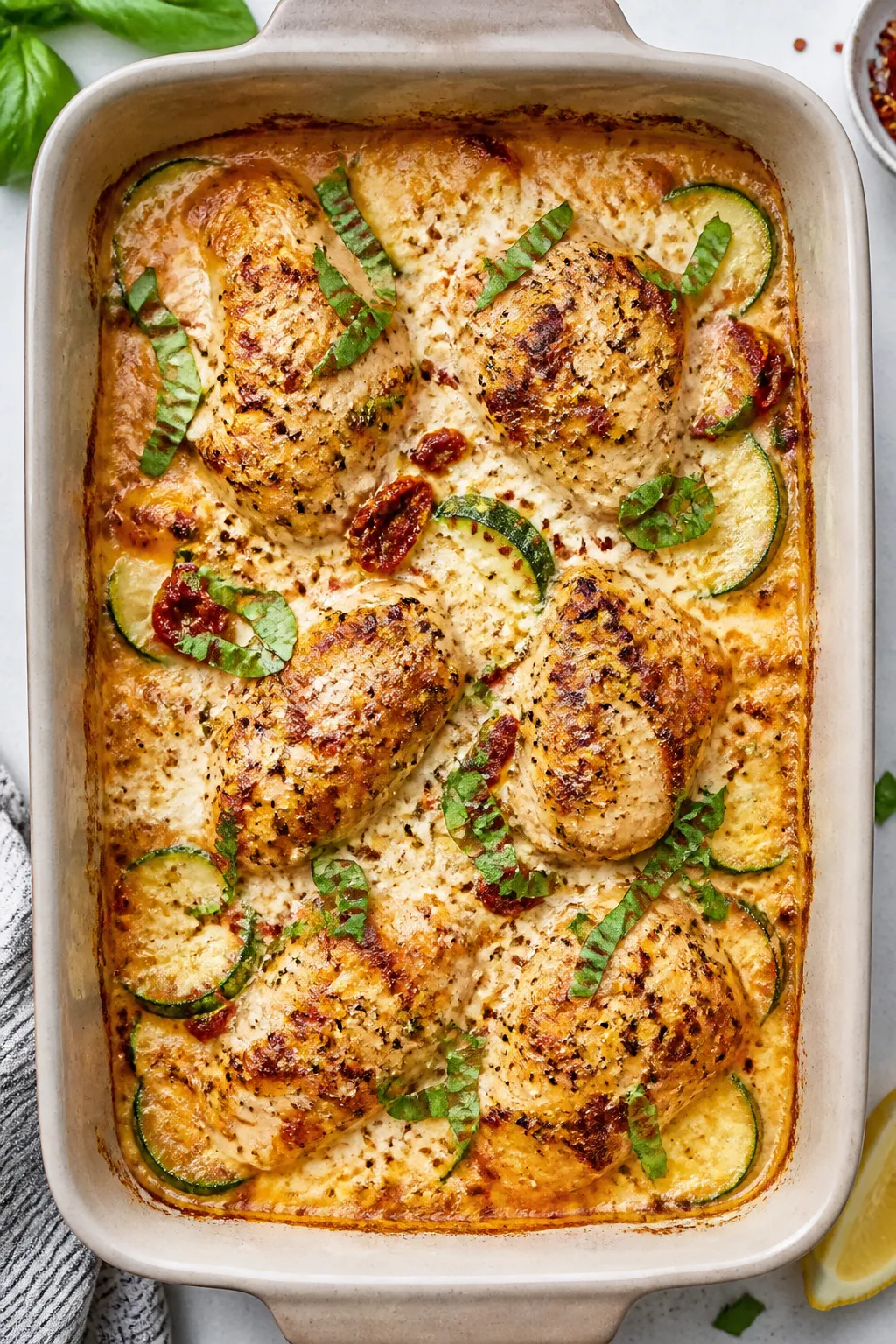 Tasty top view, in-pan bake: Overhead shot of the Marry Me Chicken Zucchini Bake fresh from the oven