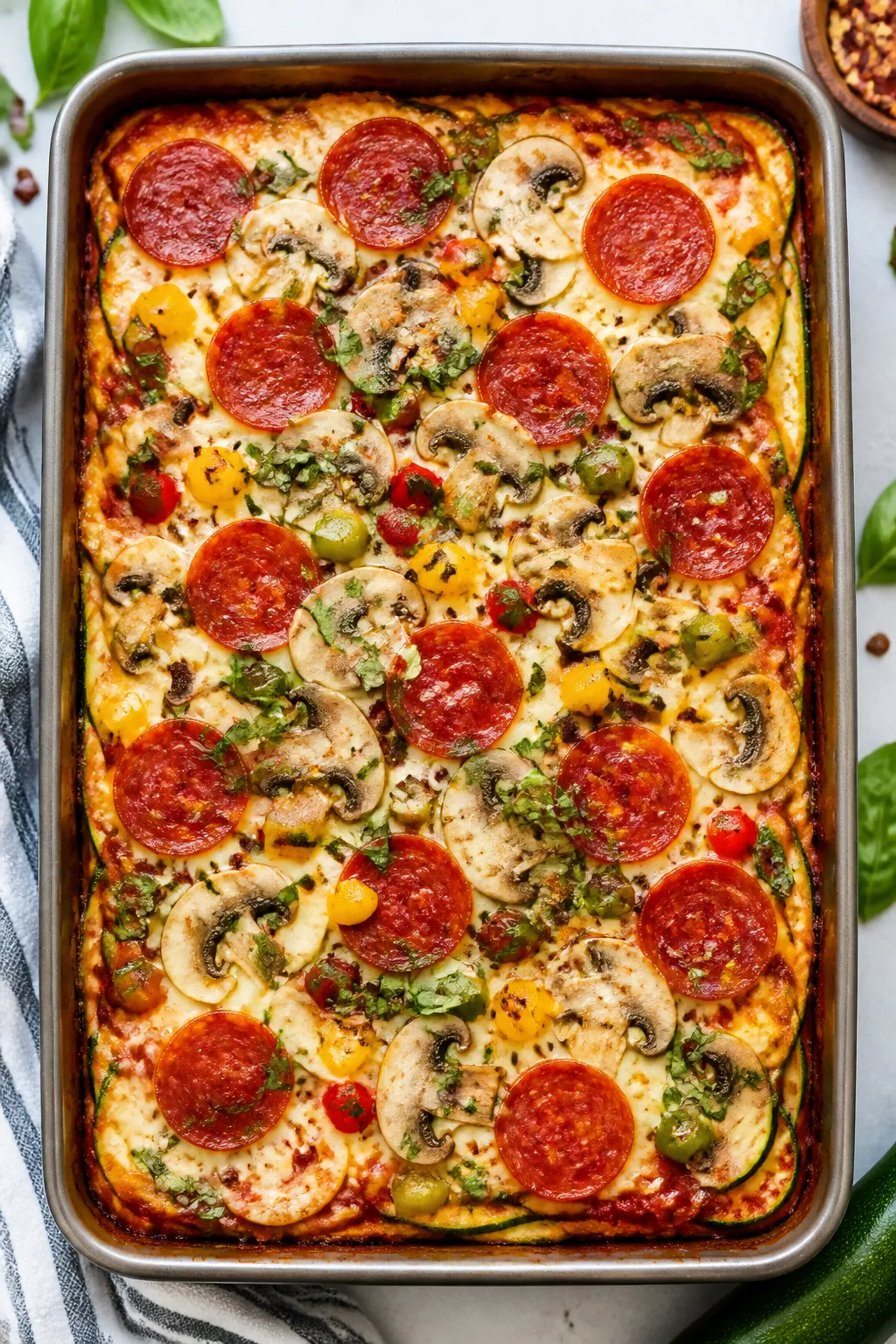 Tasty top view, layered and bubbly: Overhead shot of the assembled zucchini pizza casserole right af