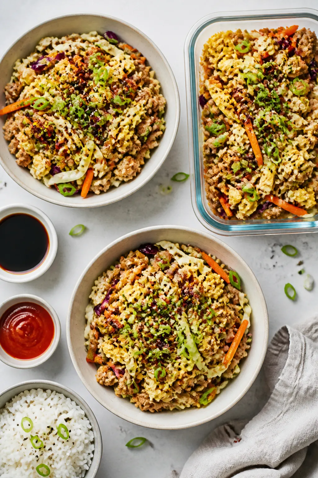 Tasty top view — meal-prep and garnish details: Overhead shot of two bowls plus one meal-prep cont