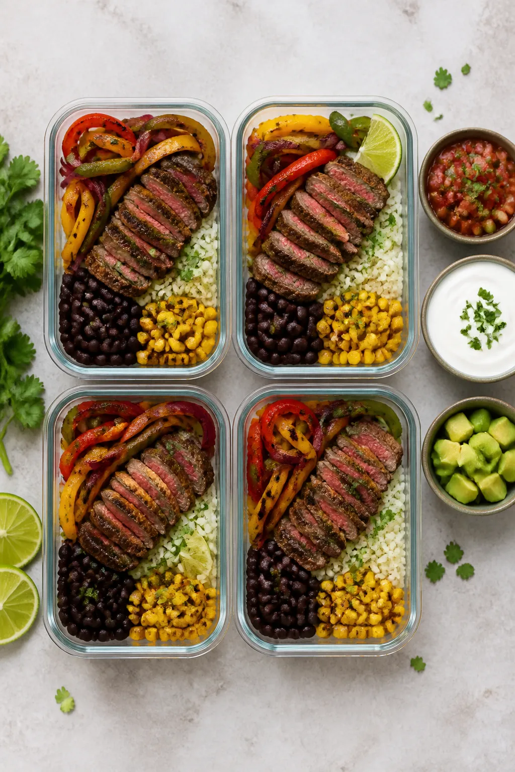 Tasty top view — Meal prep assembly: Overhead shot of four neatly arranged steak fajita meal prep 