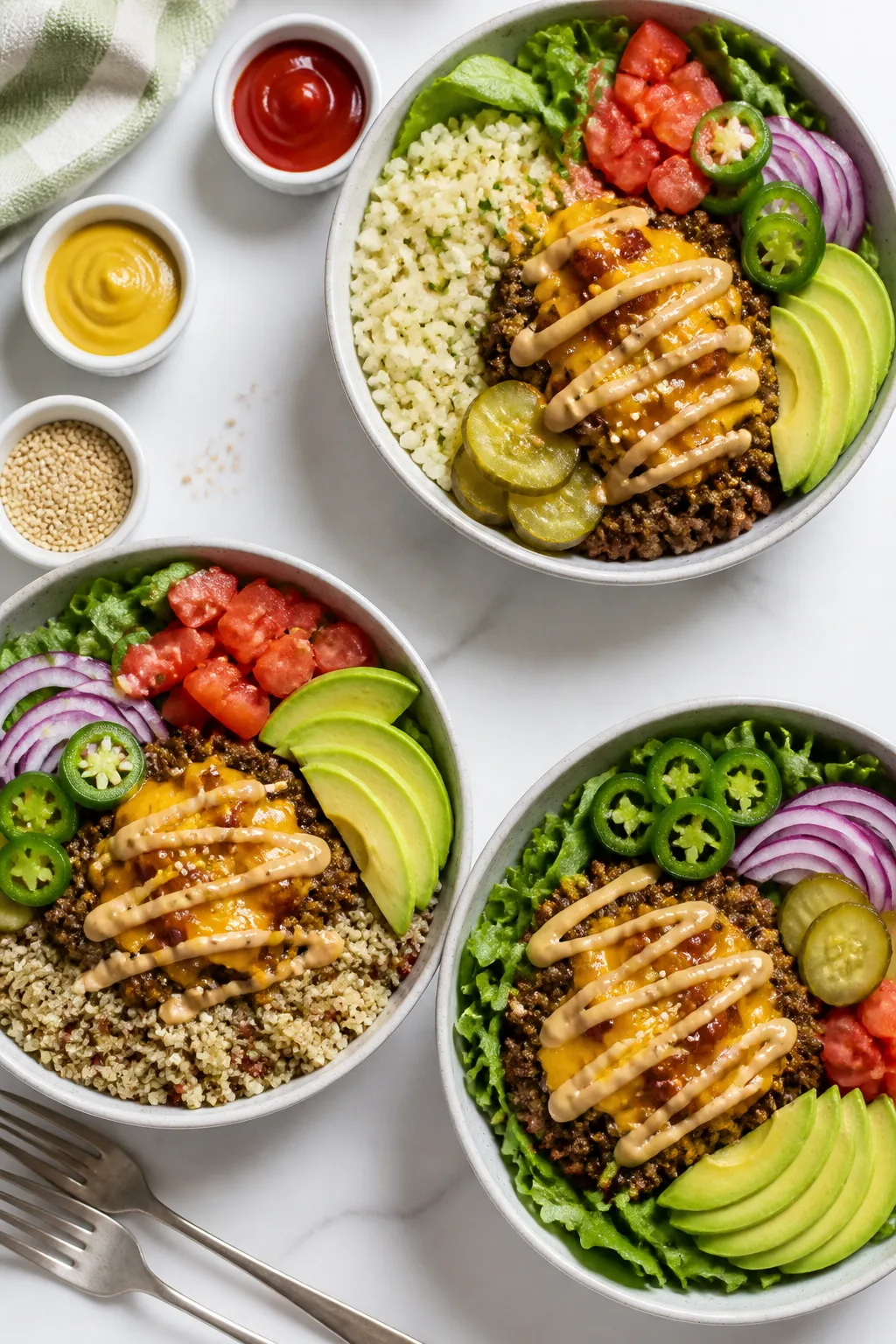 Tasty top view, meal-prep/assembly vibe: Overhead shot of multiple assembled Cheeseburger Protein Bo