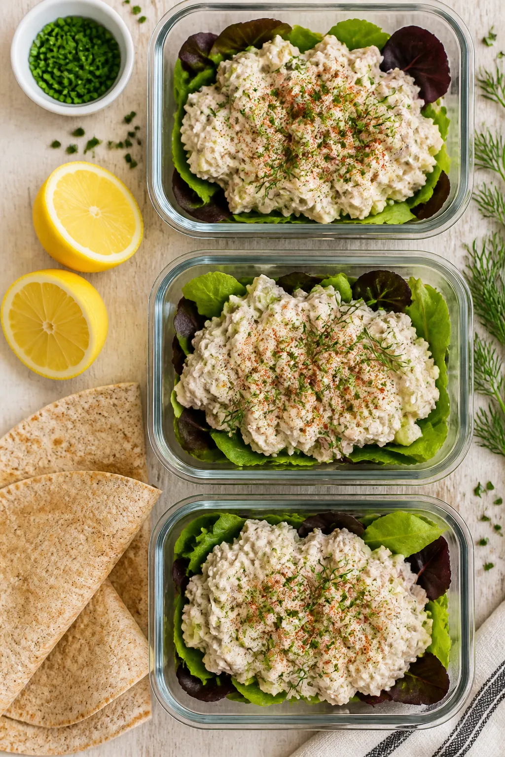 Tasty top view — Meal prep bowls: overhead shot of three glass containers filled with Greek Yogurt