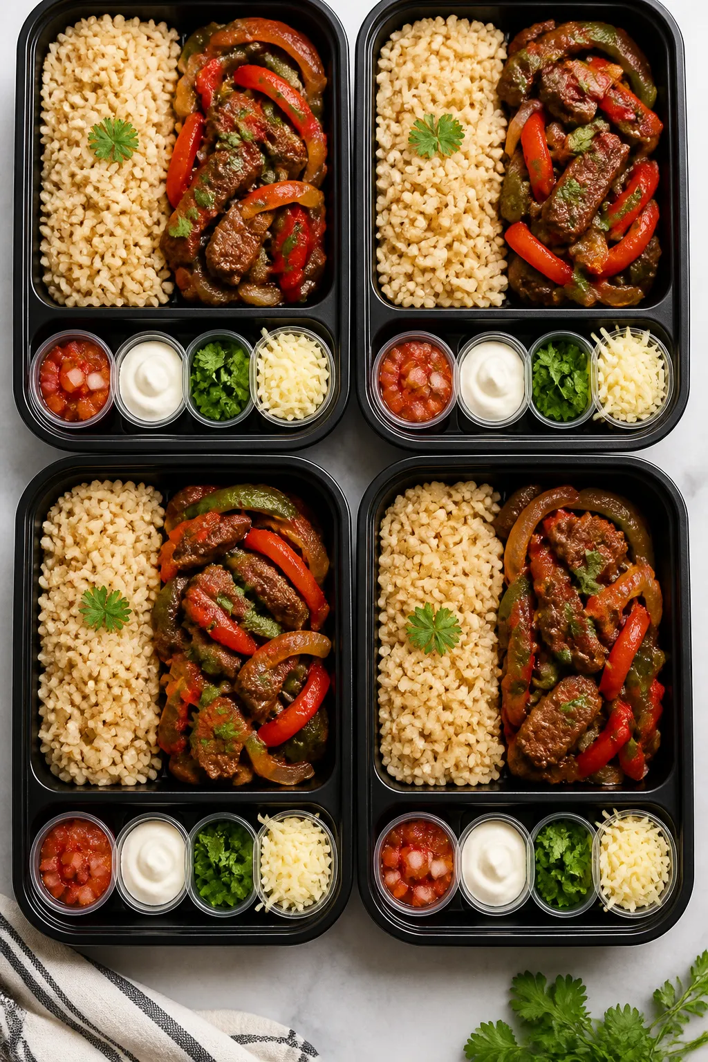 Tasty top view, meal-prep variety: Overhead shot of a set of compartment-style meal prep containers