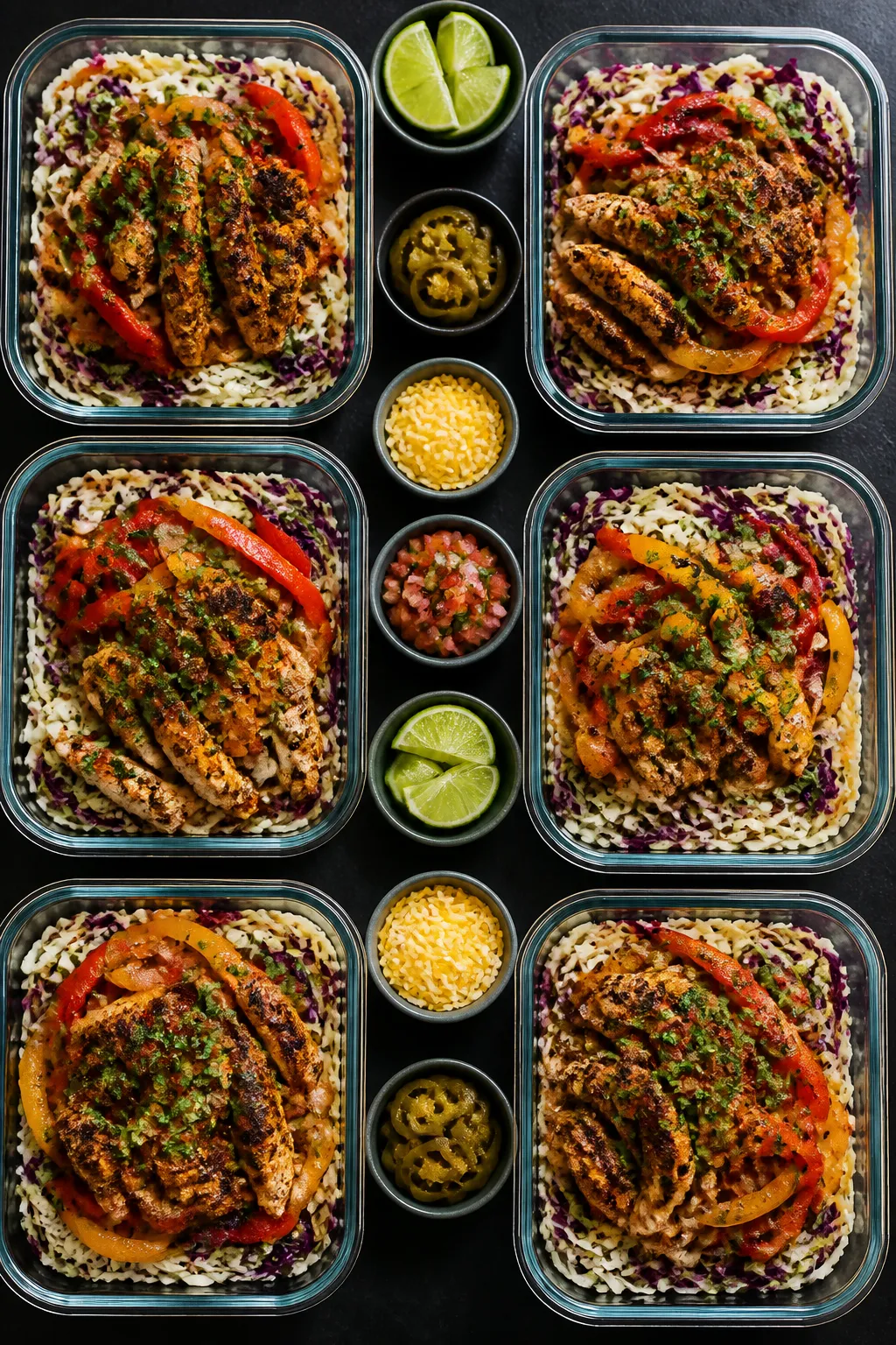 Tasty top view, meal prep vibe: Overhead shot of multiple assembled Chicken Fajita Cabbage Bowls for