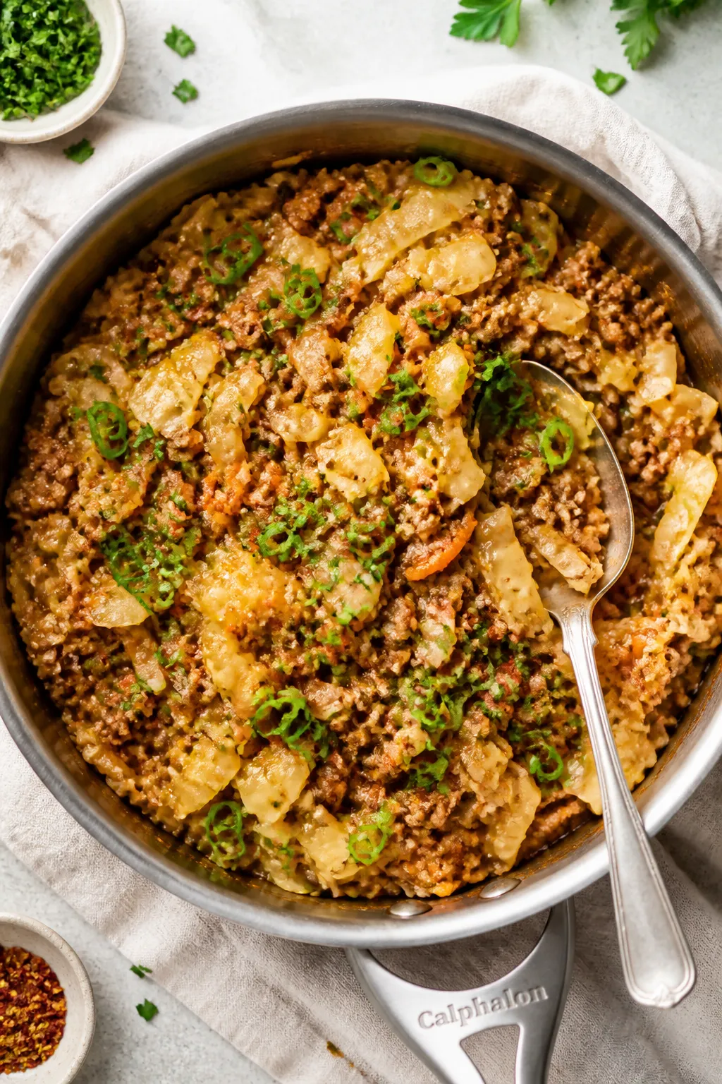 Tasty top view, one-pan finish: Overhead shot of the finished Ground Turkey Cabbage Skillet in a wid