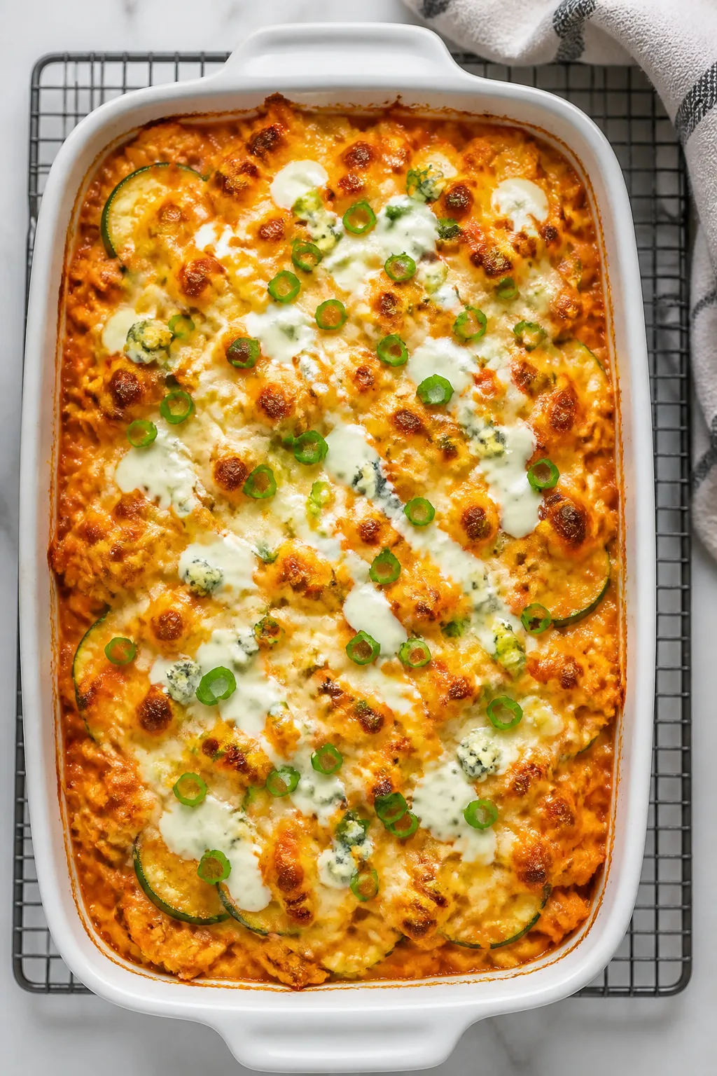Tasty top view, overhead bake: Overhead shot of the Buffalo Chicken Zucchini Bake just out of the ov