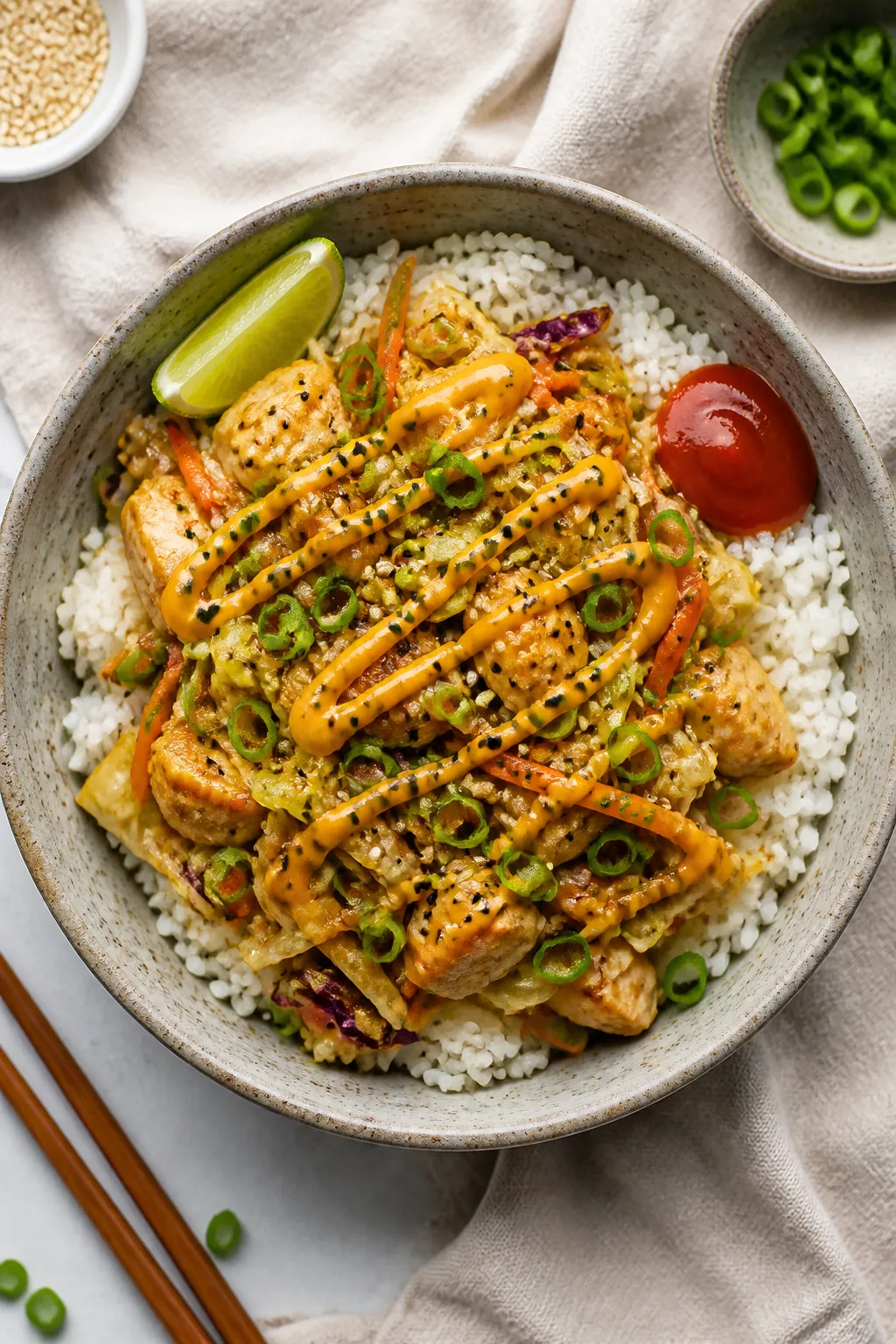 Tasty top view ā Overhead bowl: Chicken and Cabbage Egg Roll Bowl served over fluffy white rice, e