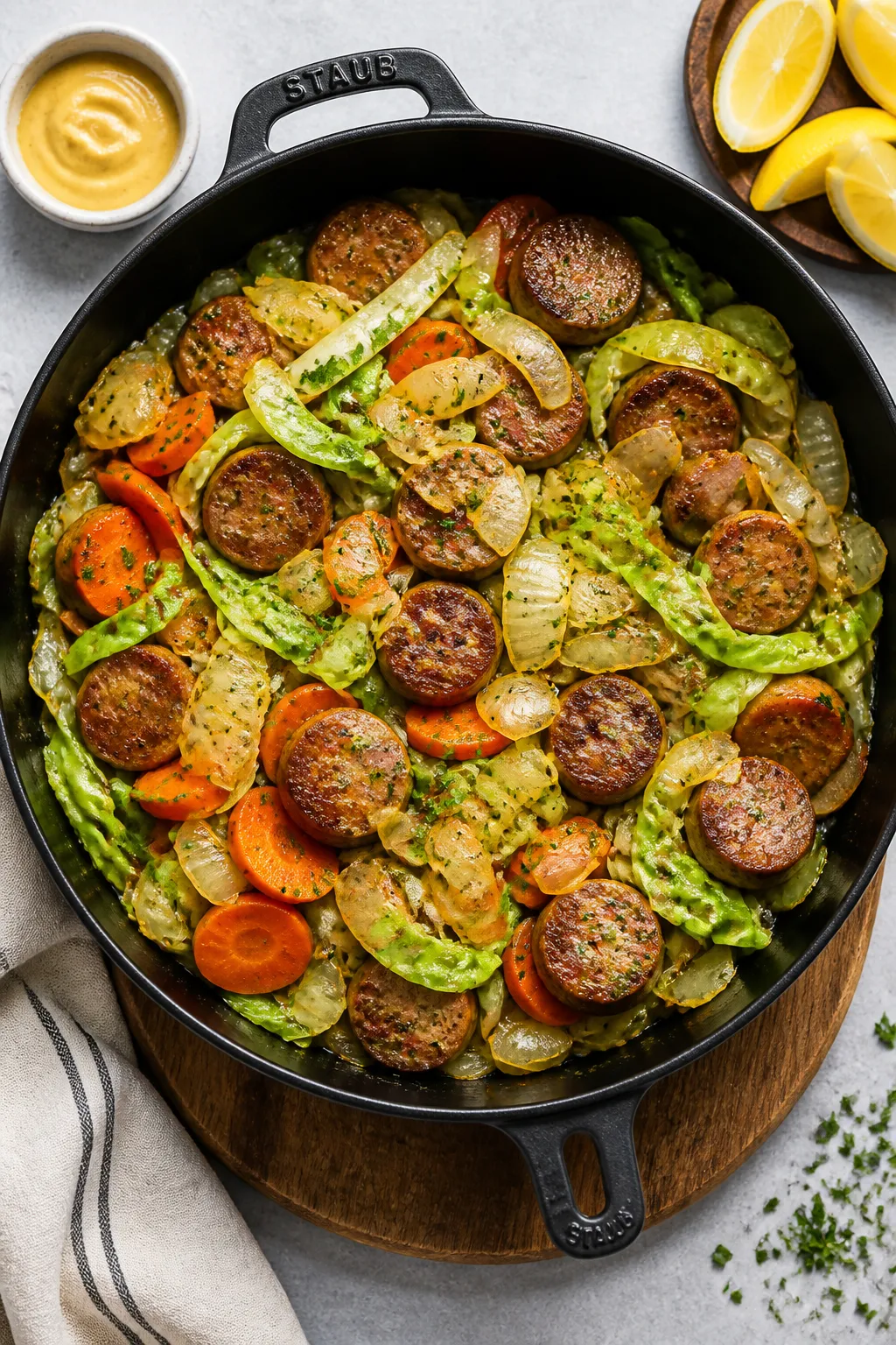 Tasty top view, overhead: Overhead shot of the finished Chicken Sausage Cabbage Dinner in a wide bla