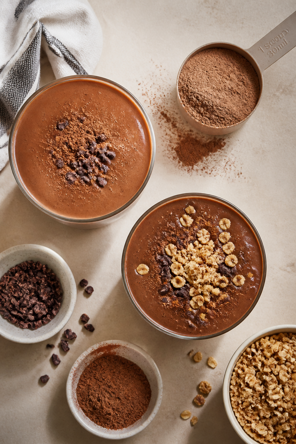 Tasty top view (overhead): Overhead shot of two smoothie glassesâone classic and one âmocha pean
