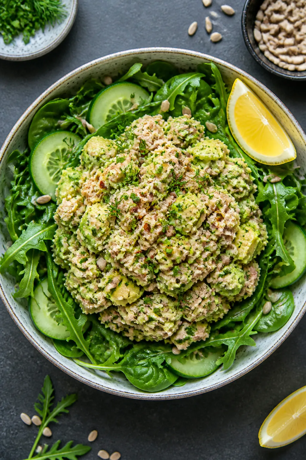 Tasty top view: overhead salad bowl format—bed of baby spinach and arugula topped with a heaping m