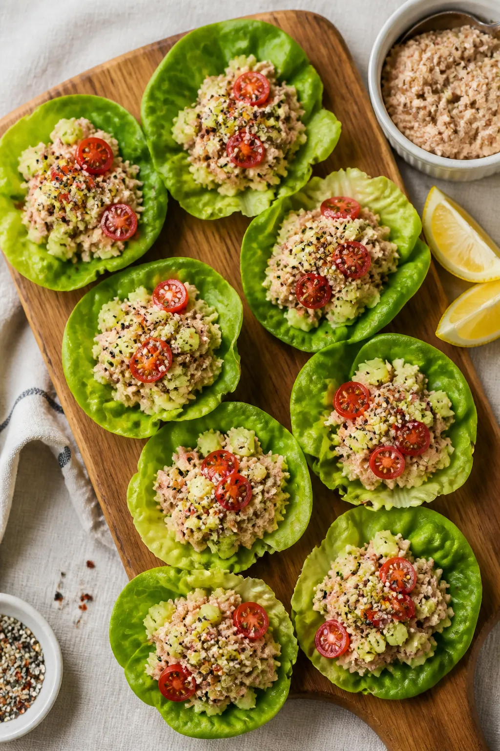 Tasty top view: Overhead shot of a board lined with 8 assembled tuna lettuce cups arranged in a loos