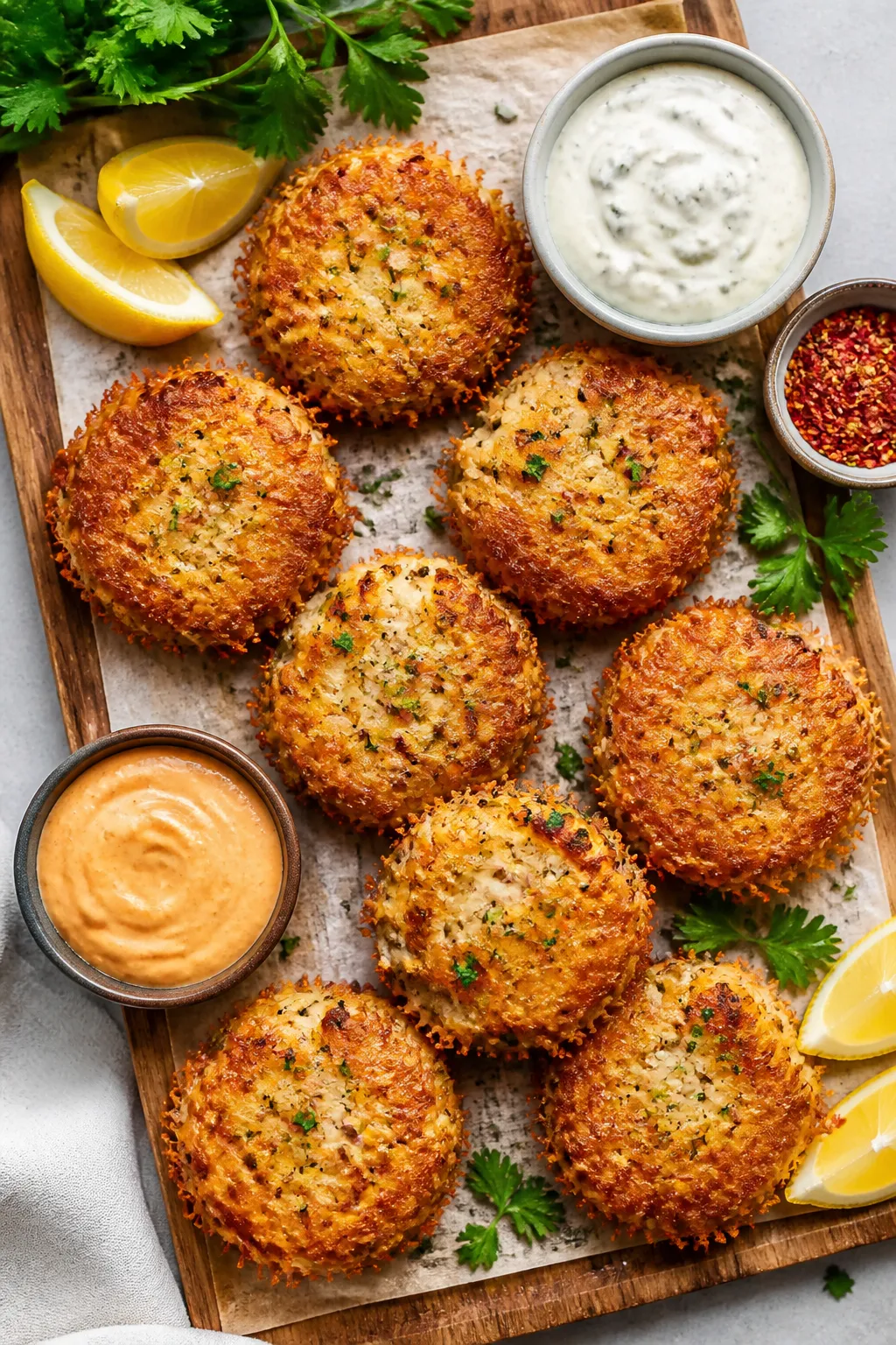 Tasty top view: Overhead shot of a board-style spread with 6–8 small tuna patties arranged in a si