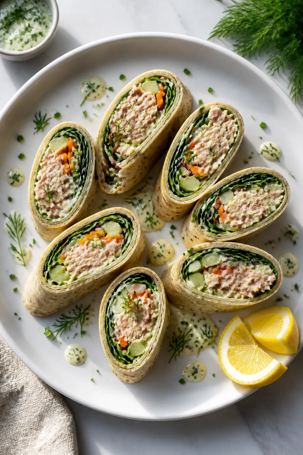 Tasty top view: Overhead shot of a final platter of High Protein Tuna Roll-Ups, halved on a matte wh
