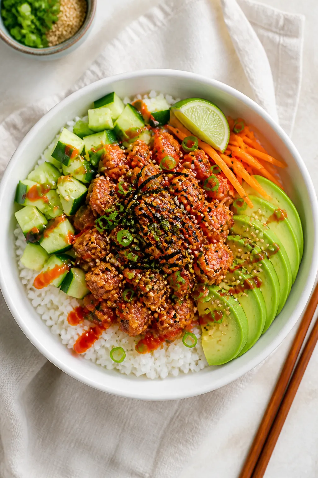 Tasty top view: Overhead shot of a fully assembled High Protein Spicy Tuna Rice Bowlâone cup of ri