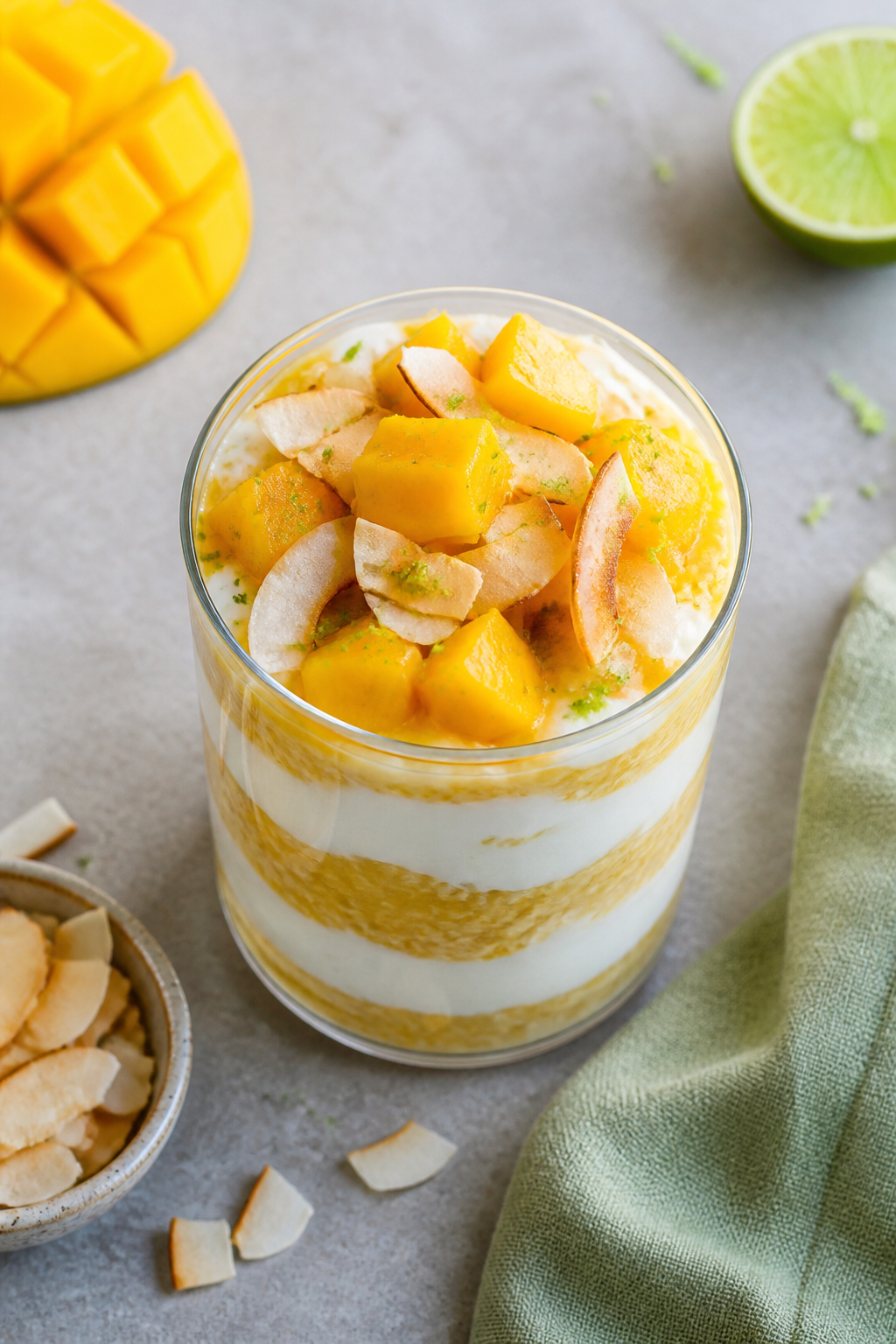 Tasty top view: Overhead shot of a layered “Overnight Oats Parfait” in a clear glass—alternati