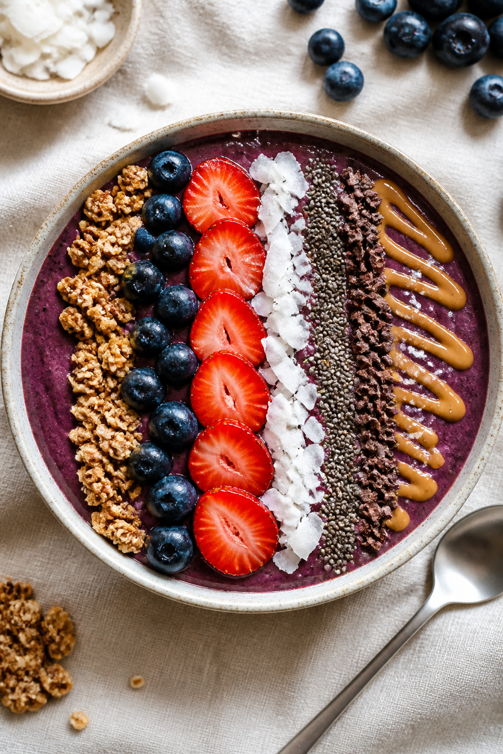 Tasty top view: Overhead shot of a protein-packed acai smoothie bowl smoothed to an even surface, to