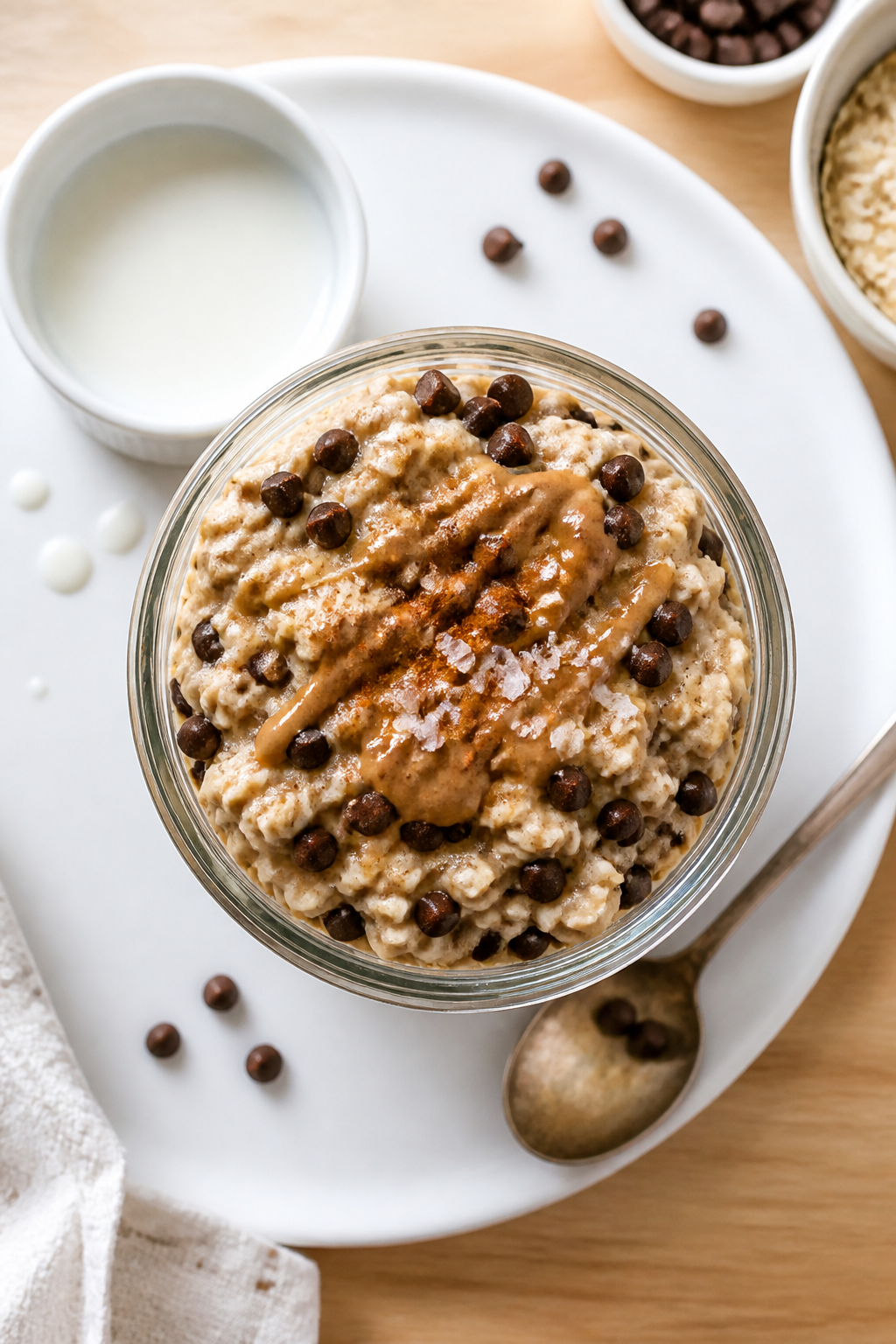 Tasty top view: Overhead shot of a single-serving jar of Chocolate Chip Cookie Dough Overnight Oats 