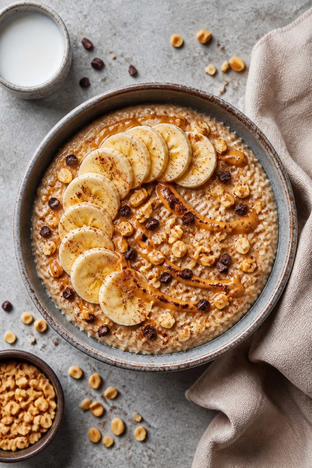 Tasty top view: Overhead shot of a single-serving bowl of Peanut Butter Banana High Protein Overnigh