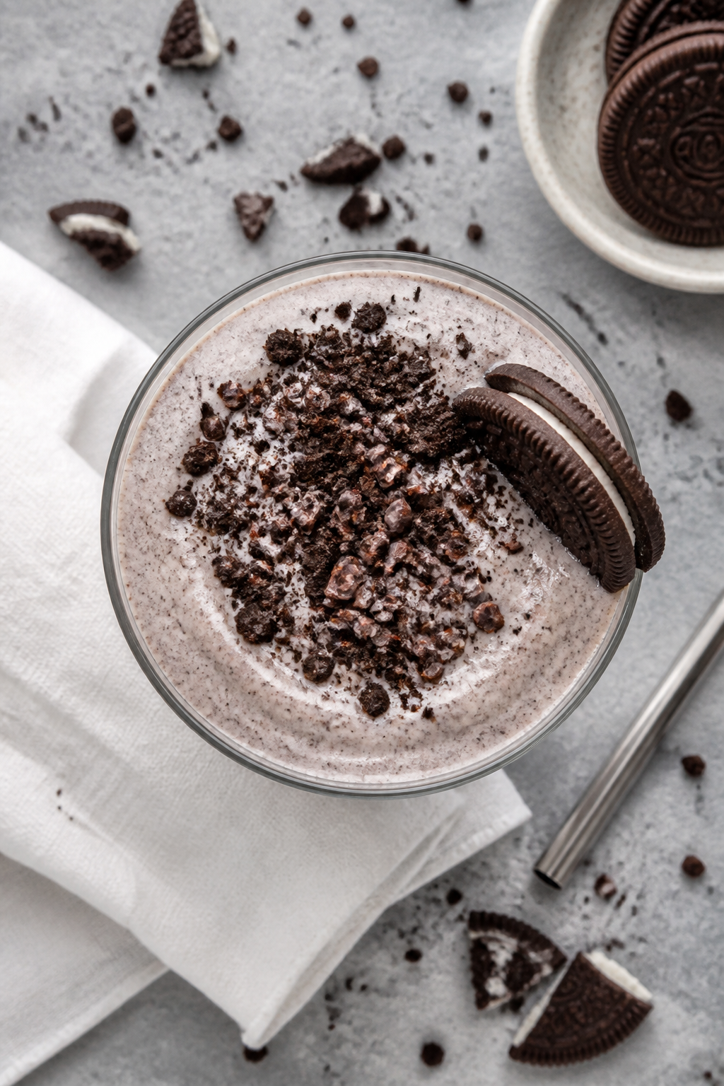Tasty top view: Overhead shot of a tall glass filled to the brim with Cookies & Cream Protein Smooth