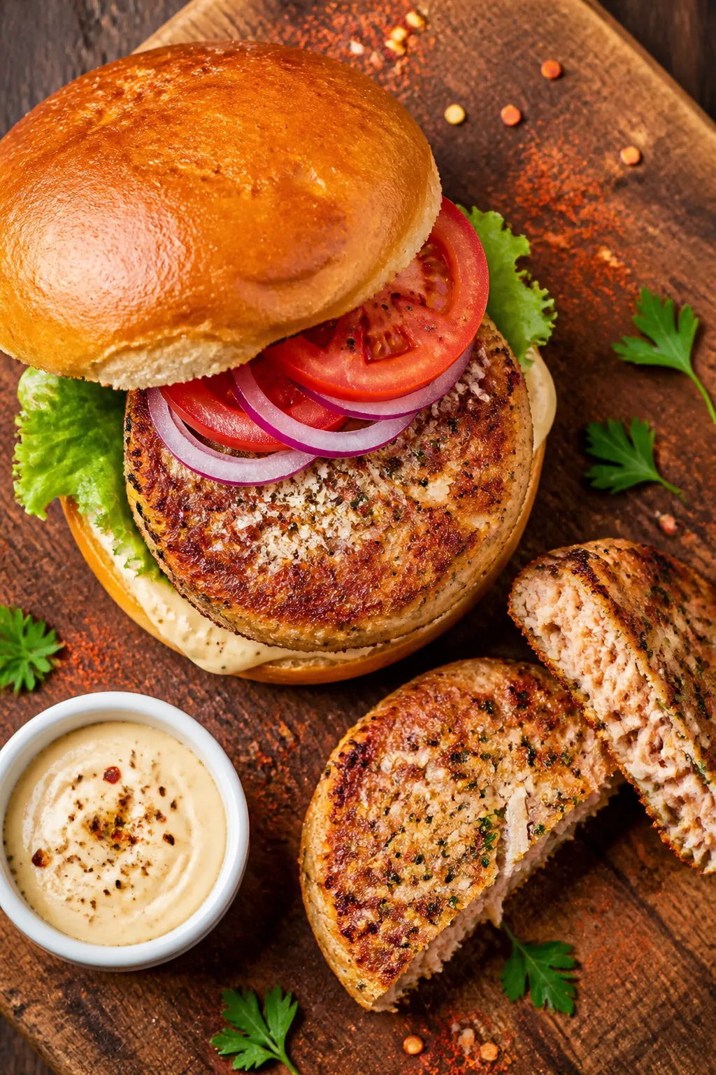 Tasty top view: Overhead shot of a toasted brioche bun sandwiching a Garlic Parmesan tuna patty with