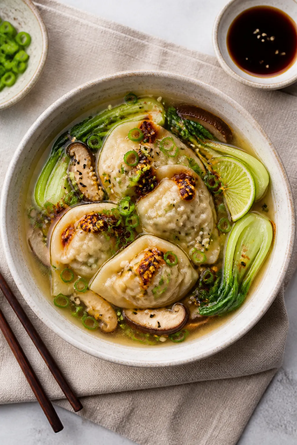 Tasty top view: Overhead shot of a wide bowl filled with broth-simmered high-protein cabbage dumplin