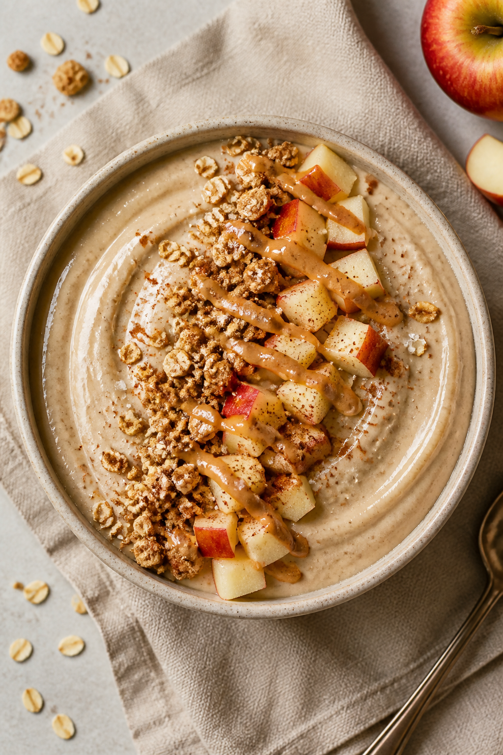 Tasty top view: Overhead shot of an Apple Pie Protein Smoothie bowl variation, ultra-thick and spoon