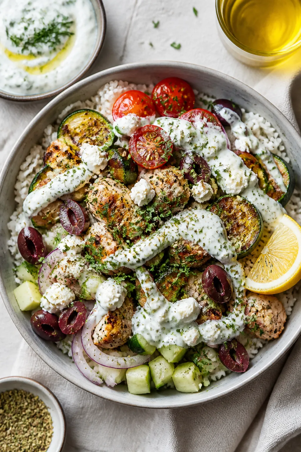 Tasty top view — Overhead shot of assembled Greek Chicken Zucchini Rice Bowl: fluffy white rice ba