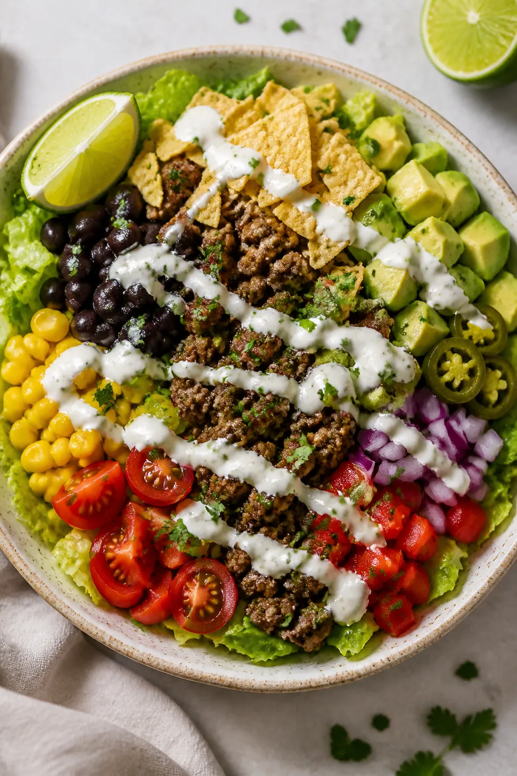 Tasty top view: Overhead shot of assembled Healthy Beef Taco Salad Bowl in a wide, shallow ceramic b