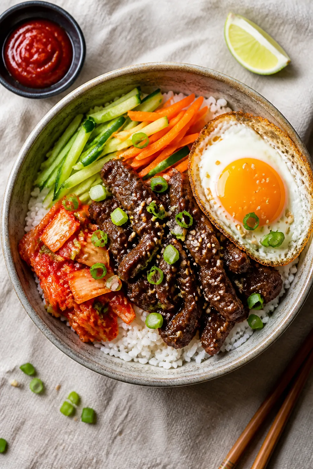 Tasty top view: Overhead shot of assembled High Protein Korean Beef Rice Bowl—fluffy white jasmine