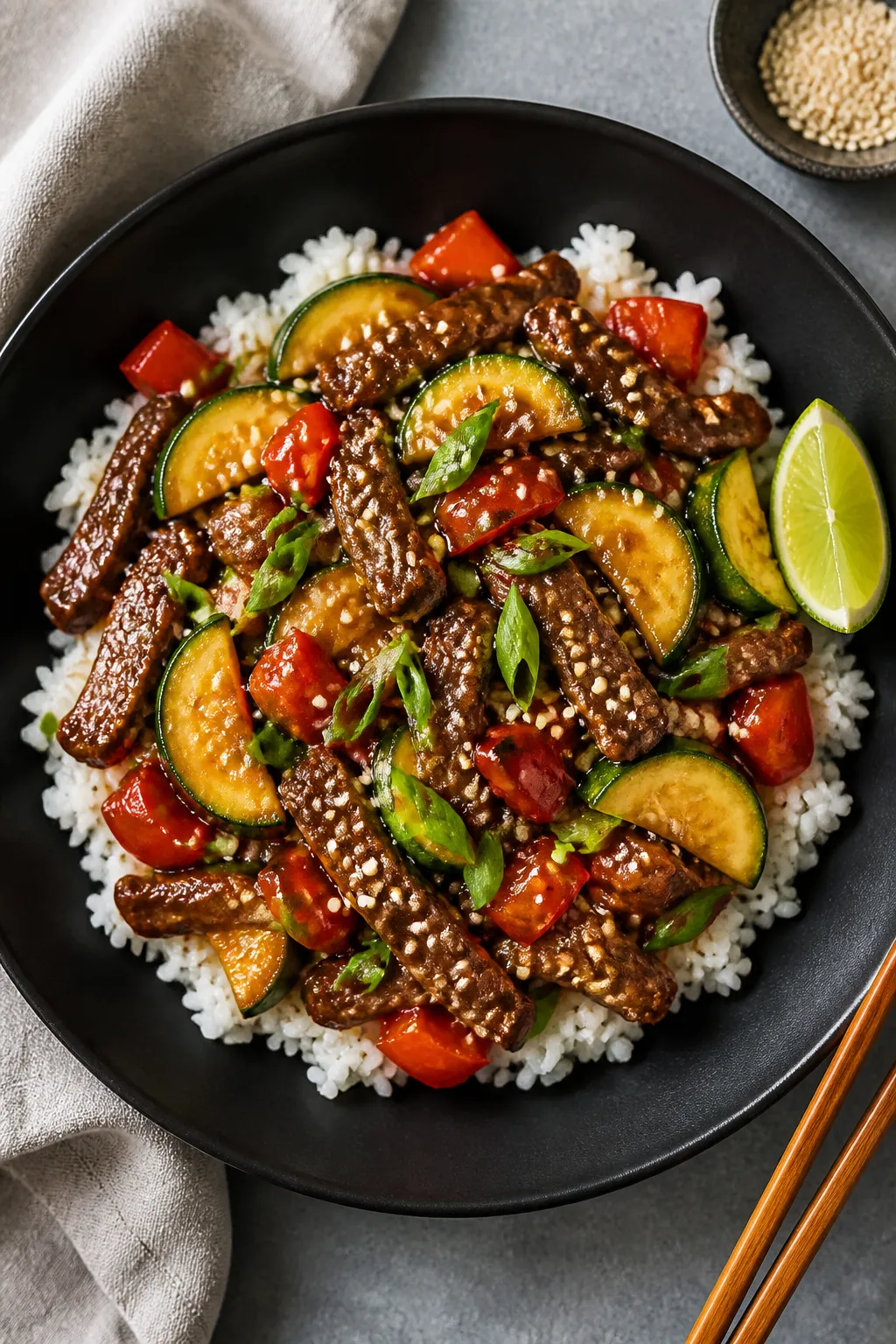 Tasty top view: Overhead shot of beef zucchini stir fry spooned over fluffy white rice in a wide mat