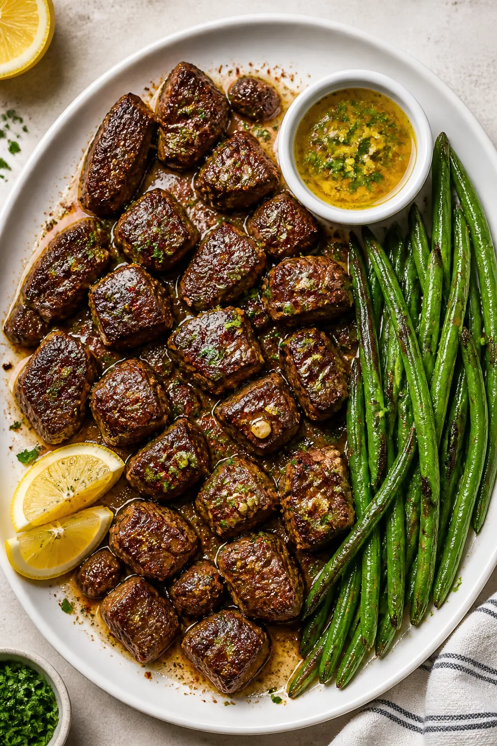 Tasty top view: Overhead shot of garlic butter steak bites arranged on a warm, shallow white platter