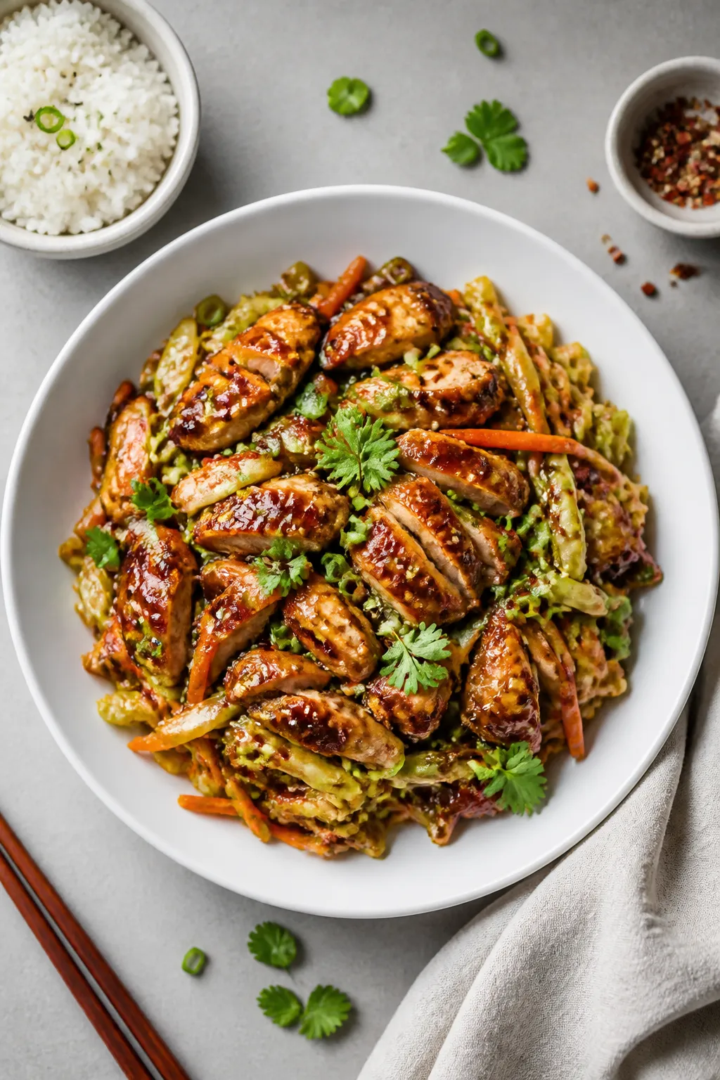 Tasty top view: Overhead shot of glossy garlic chicken with caramelized green cabbage shreds and car