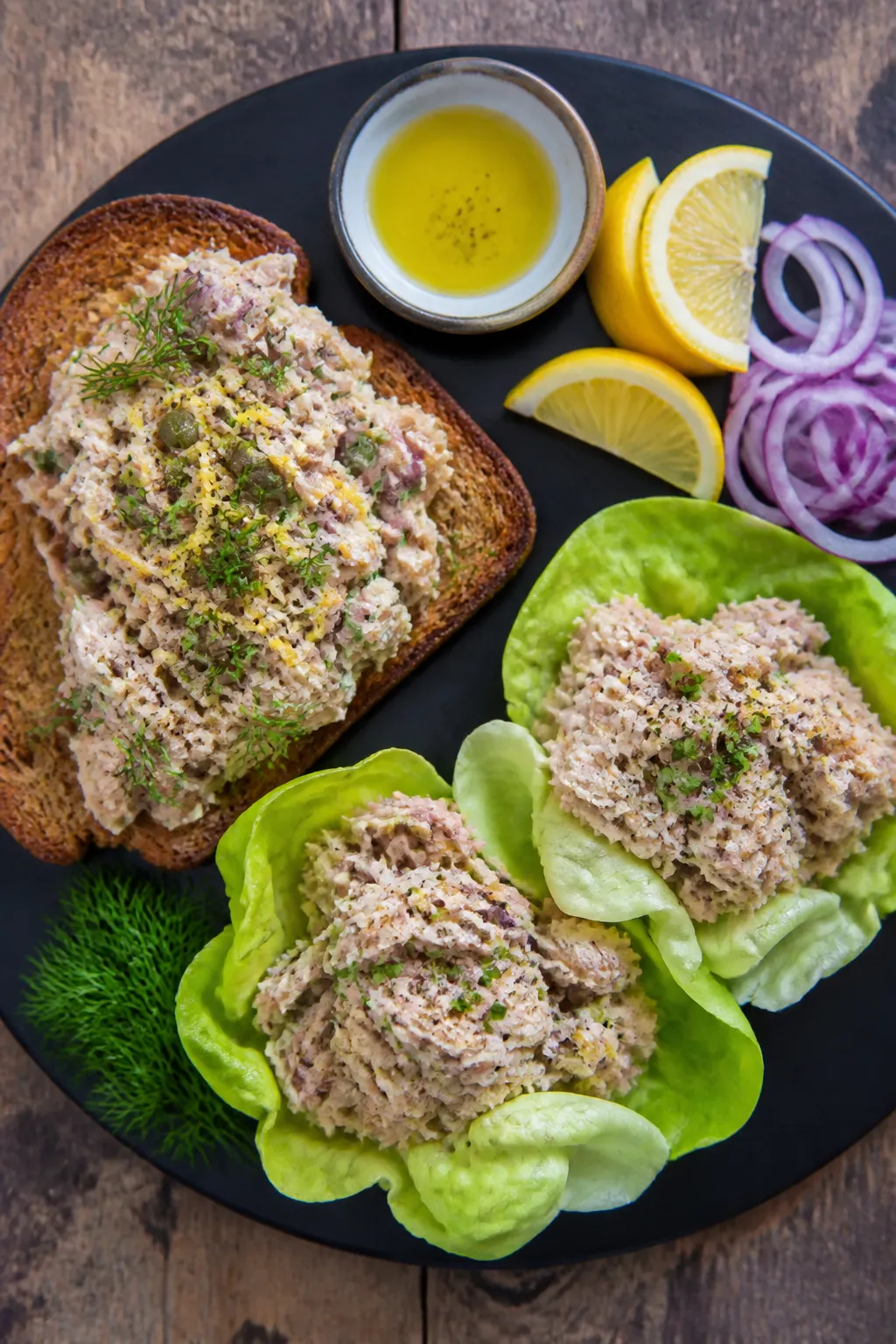 Tasty top view: Overhead shot of Lemon Herb Tuna Salad served two ways on a rustic board—one open-