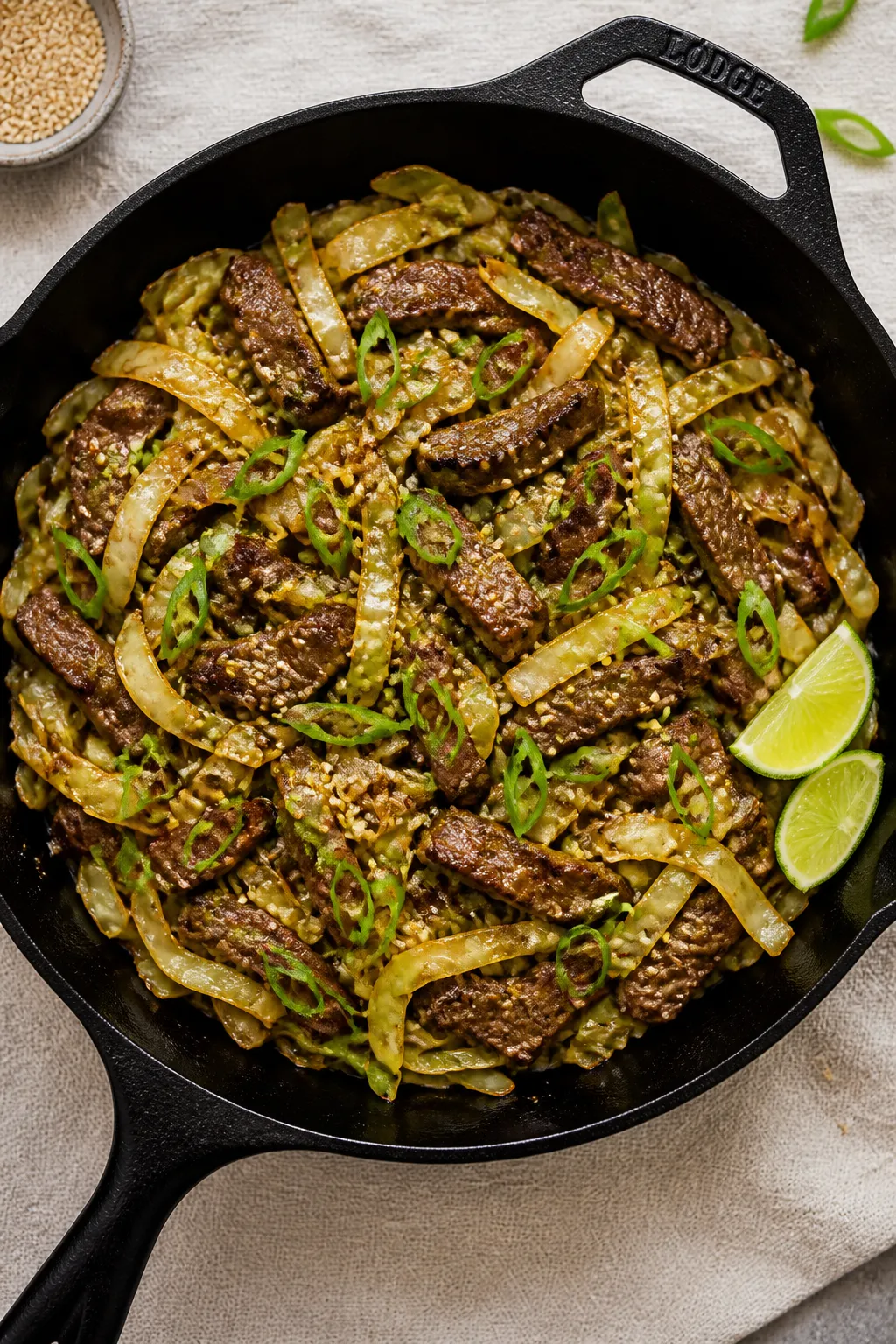 Tasty top view: Overhead shot of Low Carb Beef and Cabbage Stir Fry just finished, evenly distribute