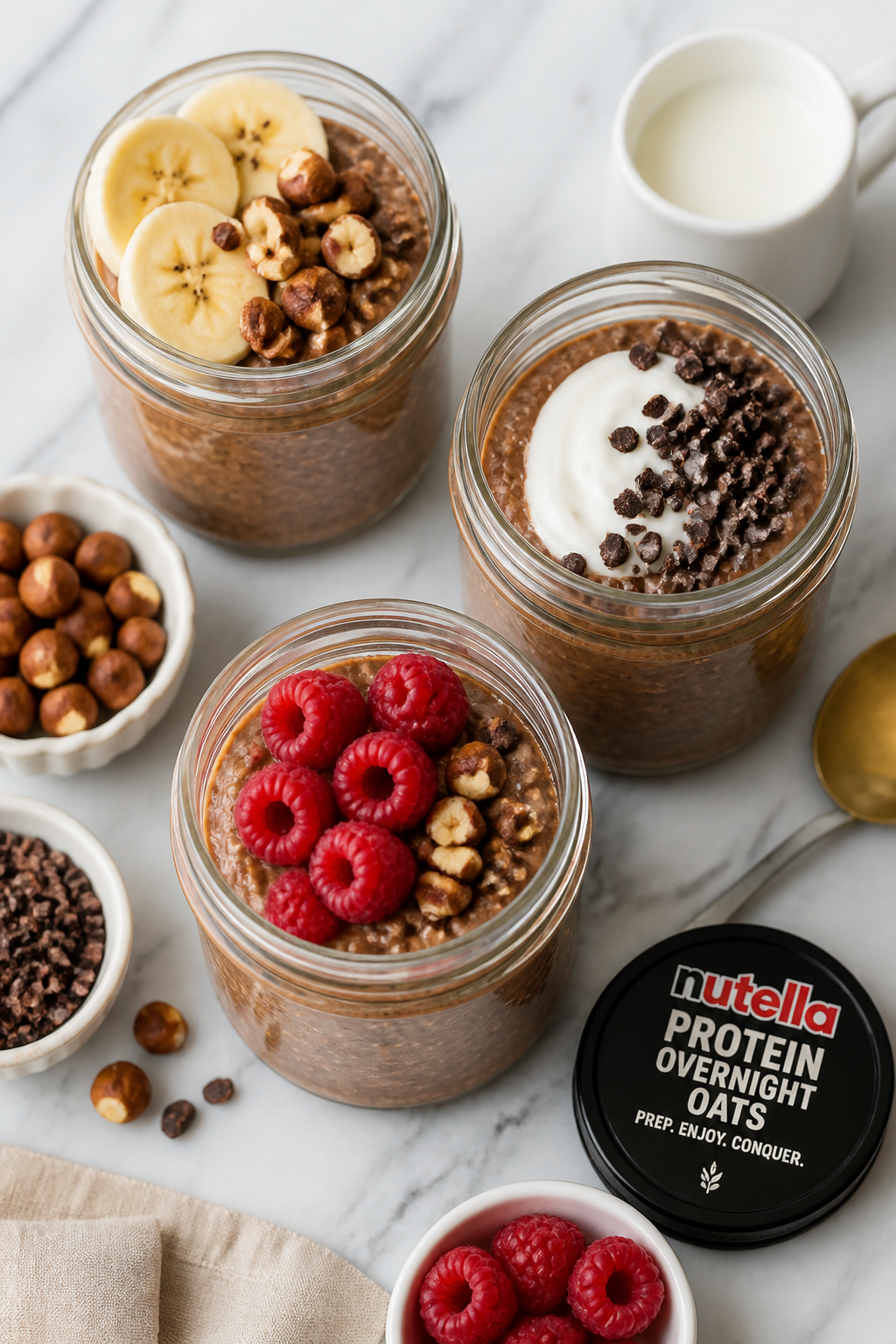 Tasty top view: Overhead shot of multiple meal-prep jars filled with Nutella Protein Overnight Oats
