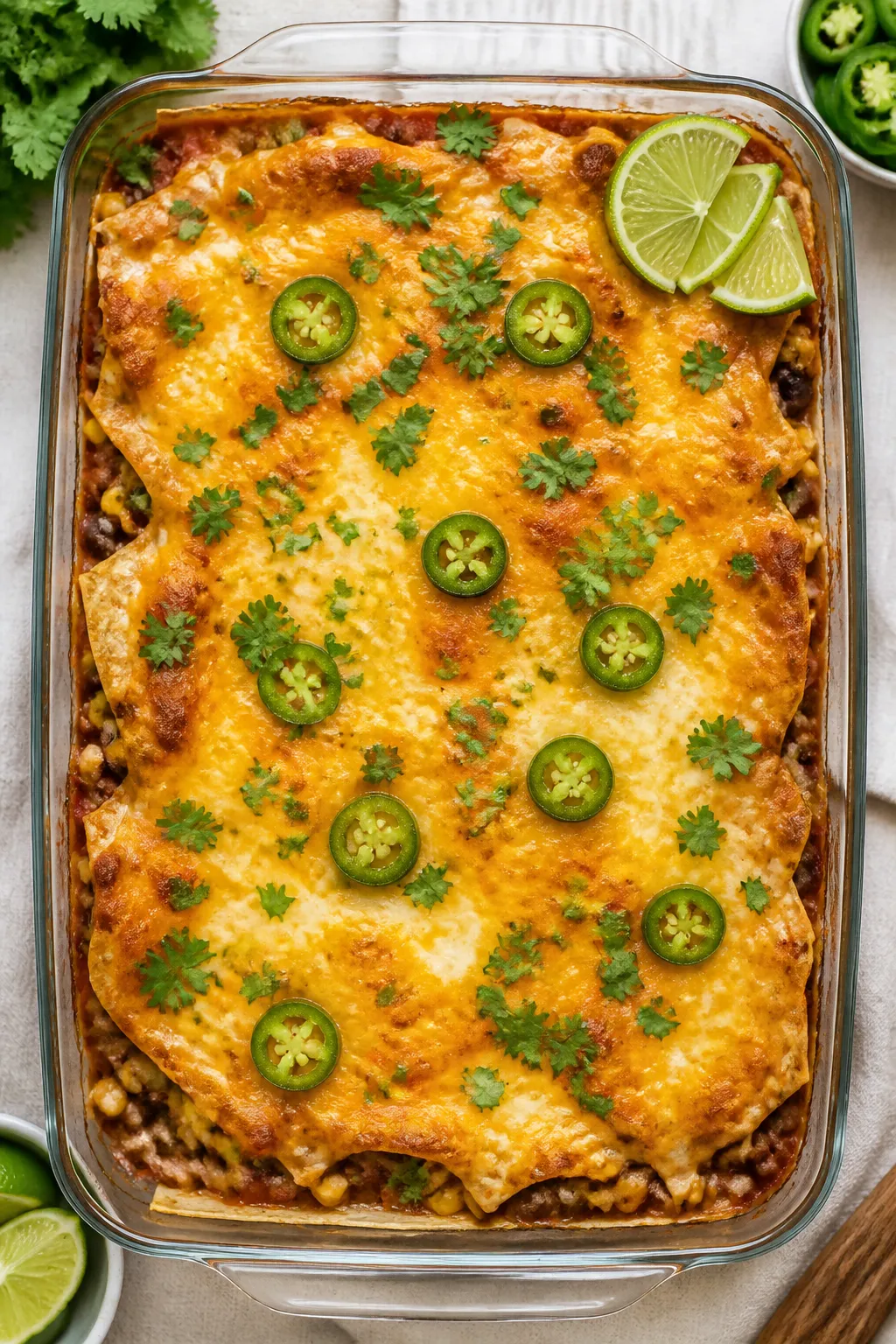 Tasty top view: Overhead shot of the assembled beef taco casserole fresh from the oven in a 9x13 bak