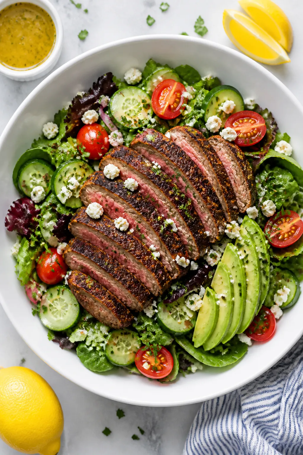 Tasty top view: Overhead shot of the assembled Blackened Steak Salad in a wide, low white bowlâsli