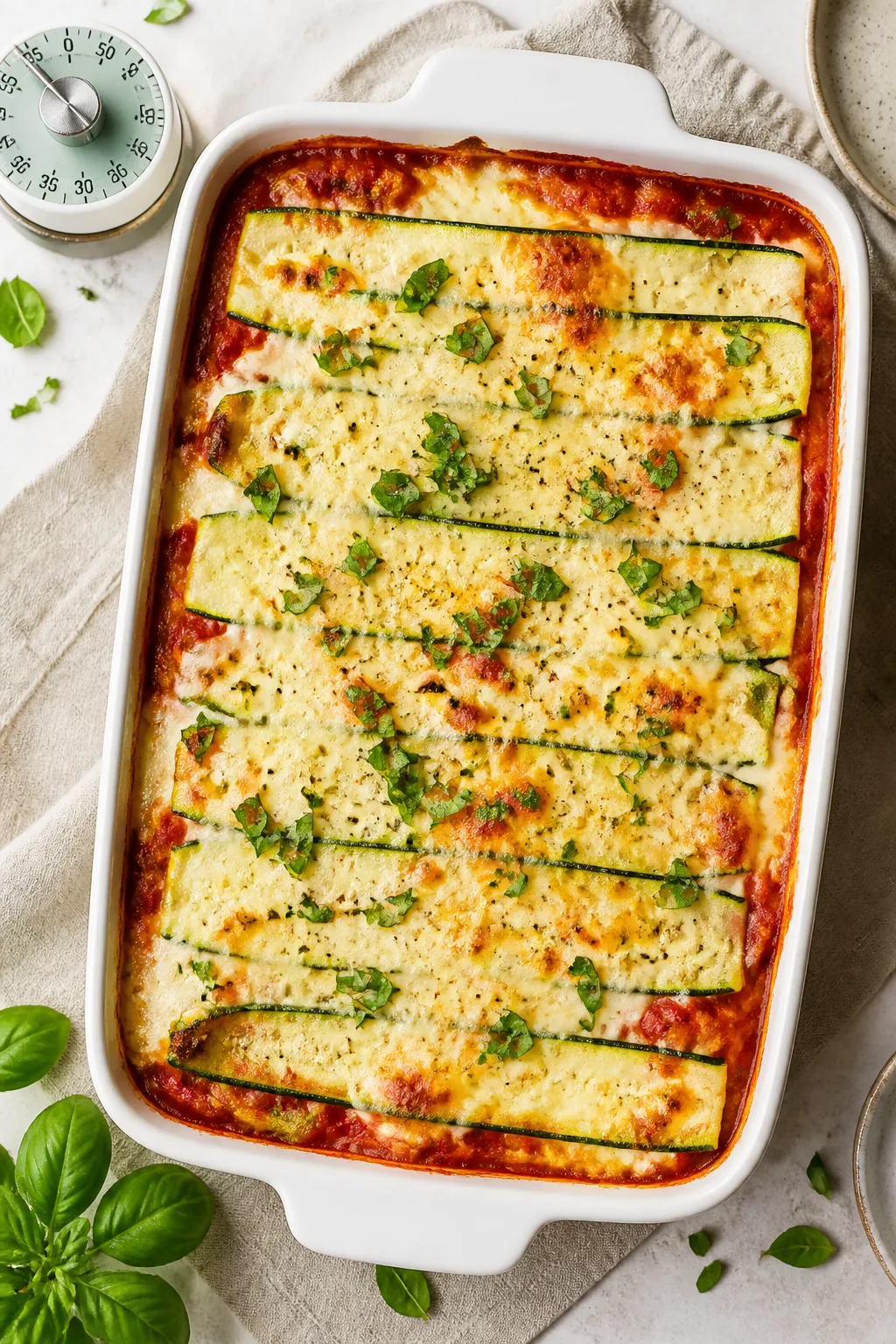 Tasty top view: Overhead shot of the assembled high-protein zucchini lasagna just out of the oven, c