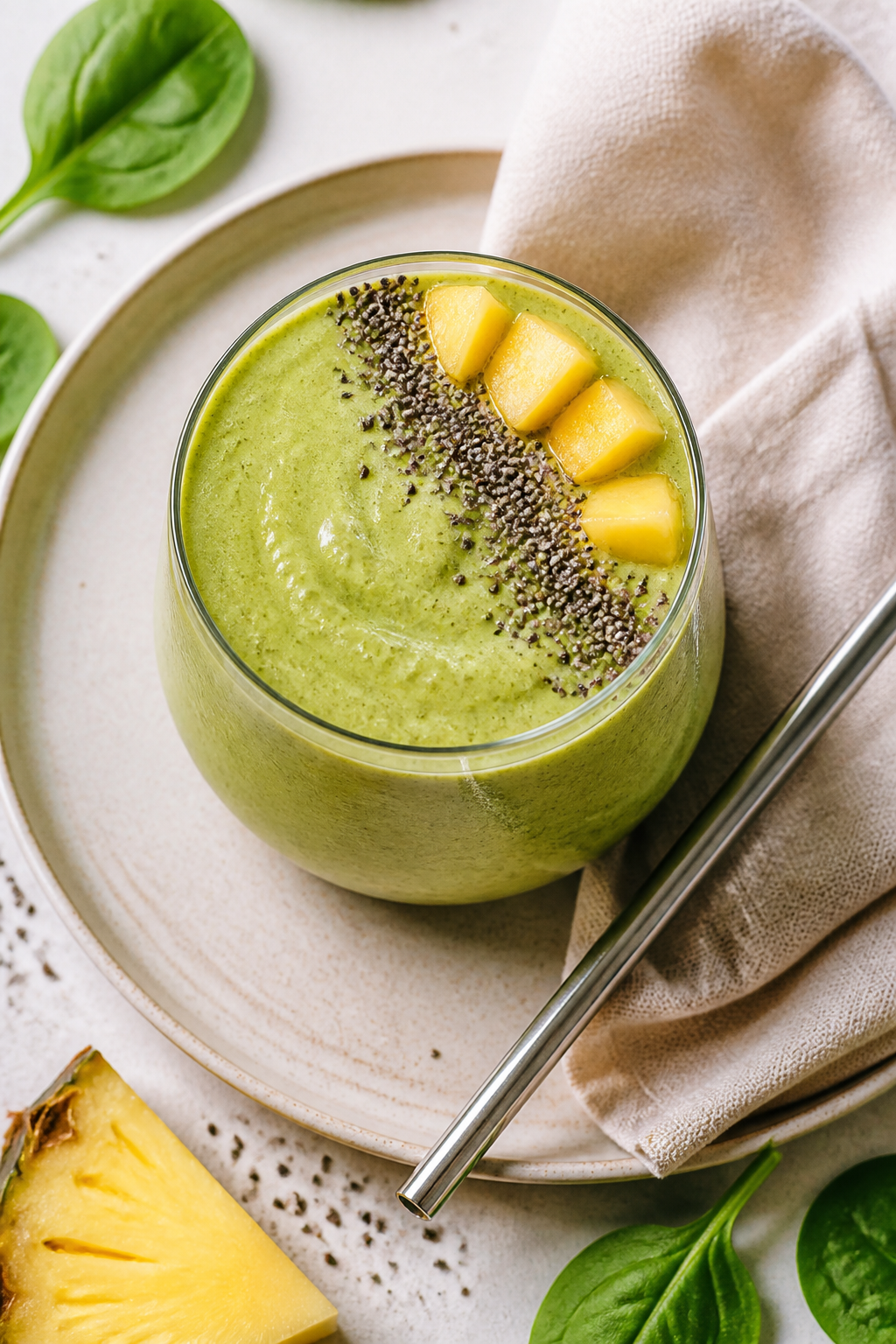 Tasty top view: Overhead shot of the final green smoothie served in a wide, low tumbler, thick and s