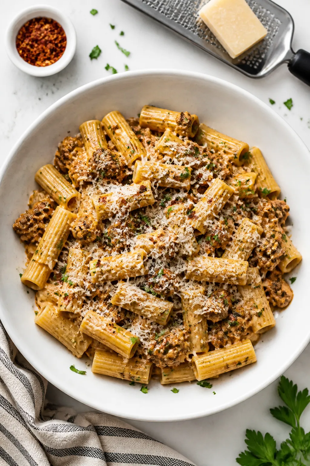 Tasty top view: Overhead shot of the final high protein creamy beef pasta plated in a wide, low whit