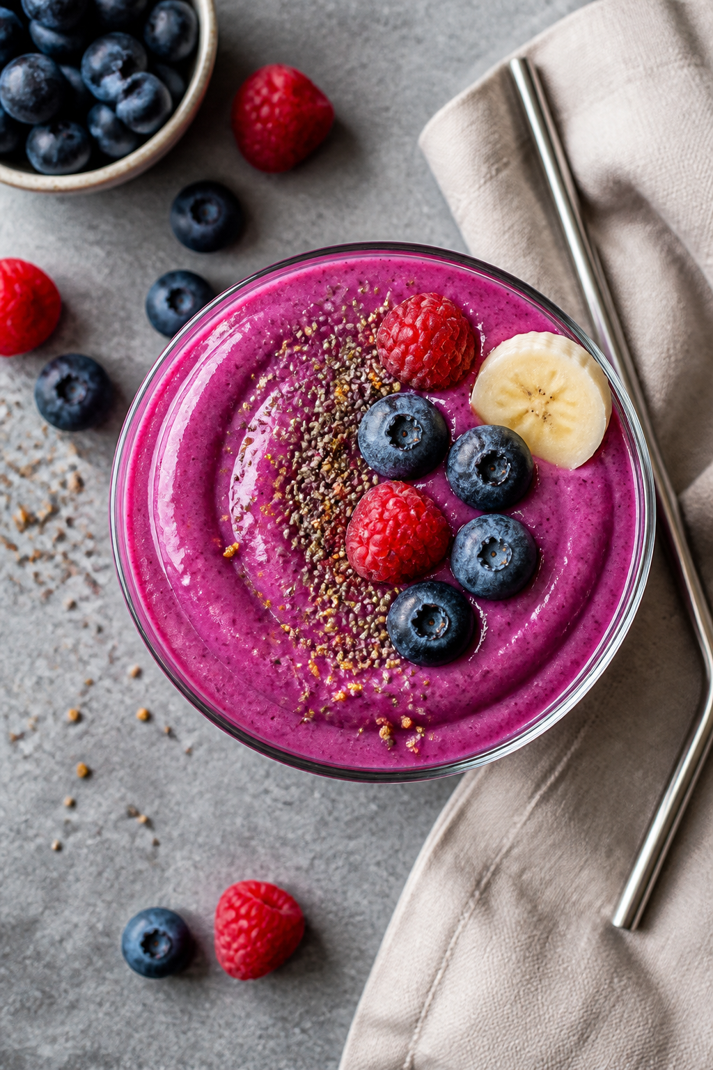 Tasty top view: Overhead shot of the final Mixed Berry Protein Smoothie served in a wide tumbler, cr