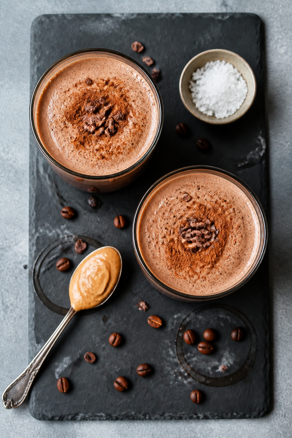 Tasty top view: Overhead shot of the final Mocha Coffee Protein Smoothie served in two short tumbler