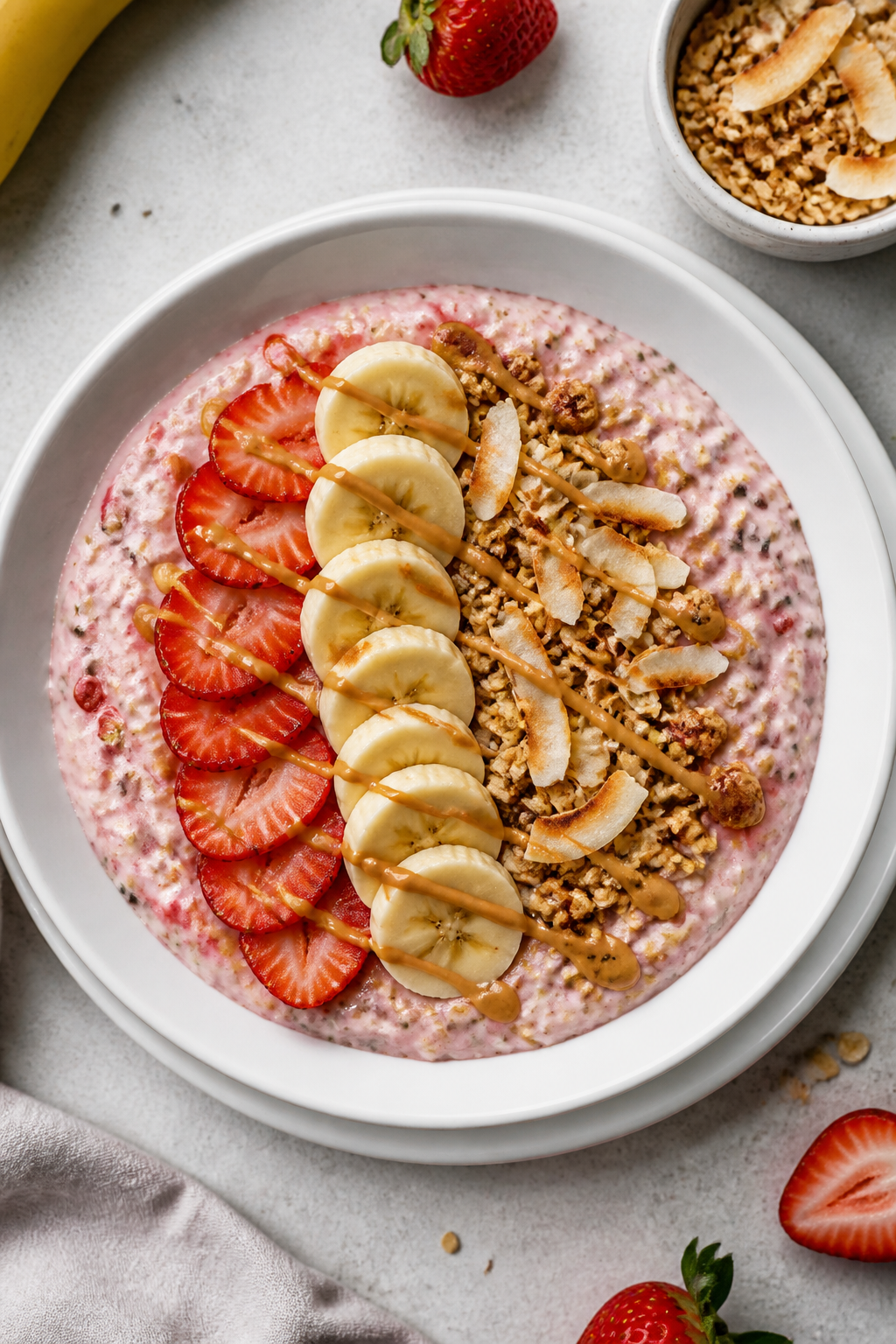 Tasty top view: Overhead shot of the final plated Strawberry Banana Protein Overnight Oats in a wide