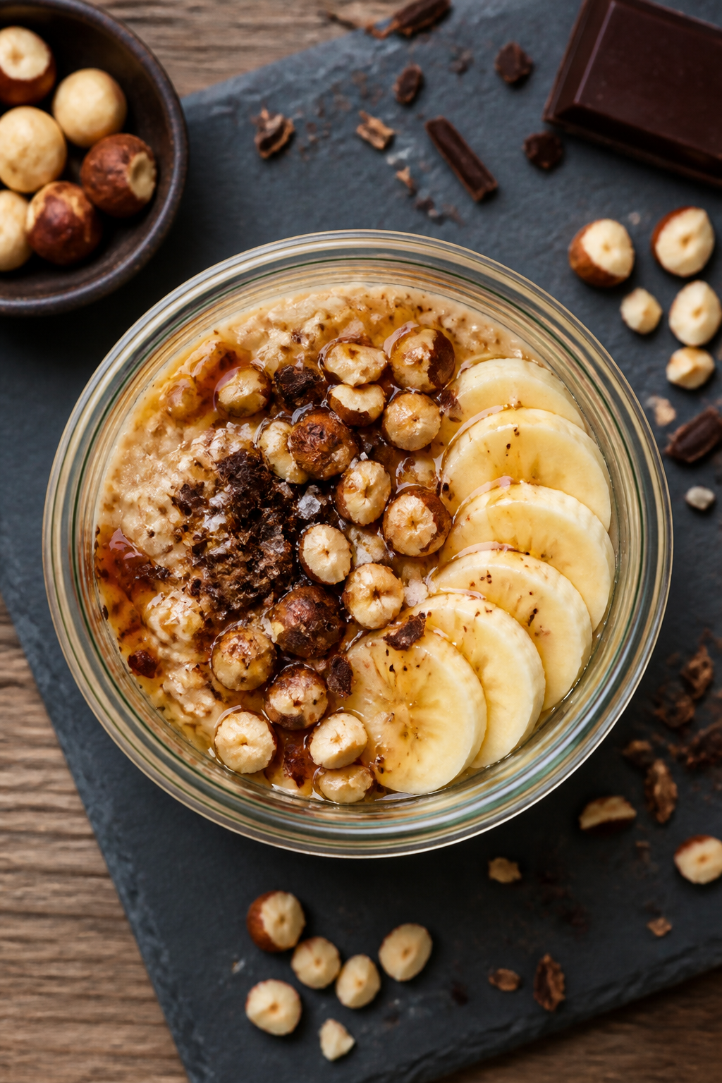 Tasty top view: Overhead shot of the final plated oats in a wide-mouth glass jar on a matte slate bo