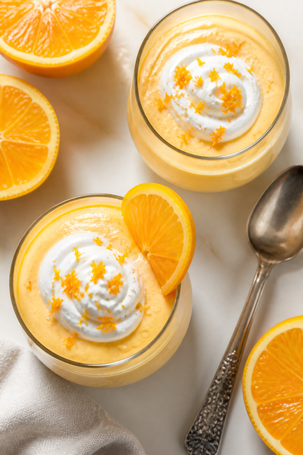 Tasty top view: Overhead shot of the final smoothie served in two glasses, topped with a swirl of Gr