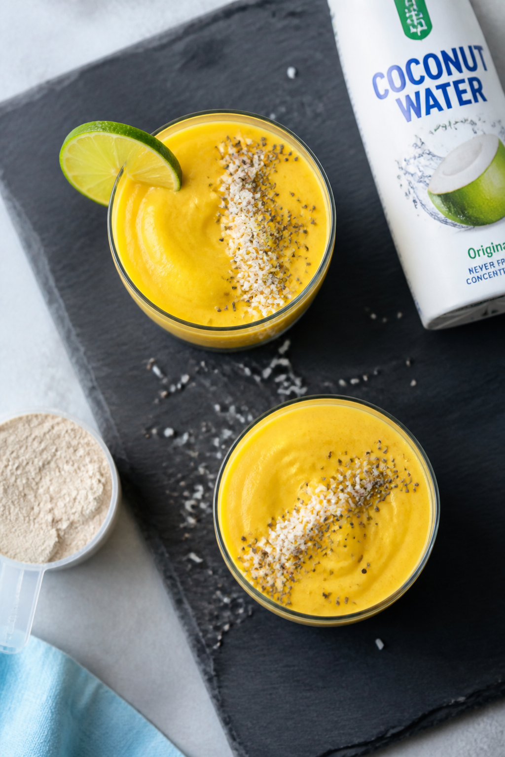 Tasty top view: Overhead shot of the final Tropical Mango Protein Smoothie served in two chilled tum
