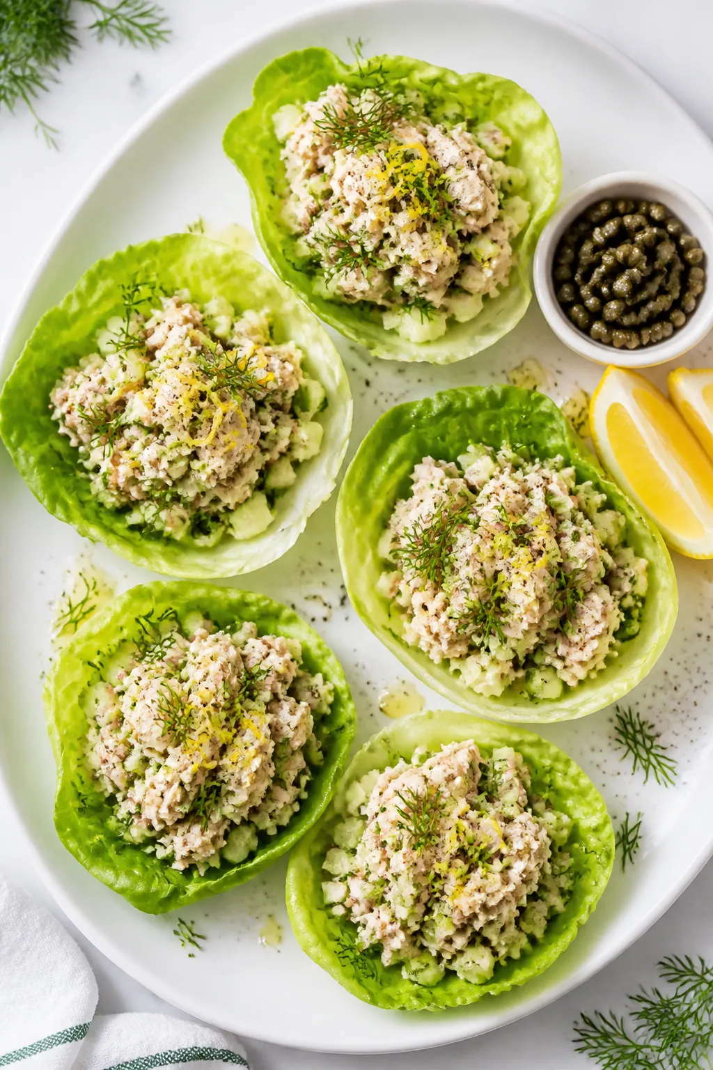 Tasty top view: Overhead shot of the final tuna cucumber salad served in crisp butter lettuce cups o