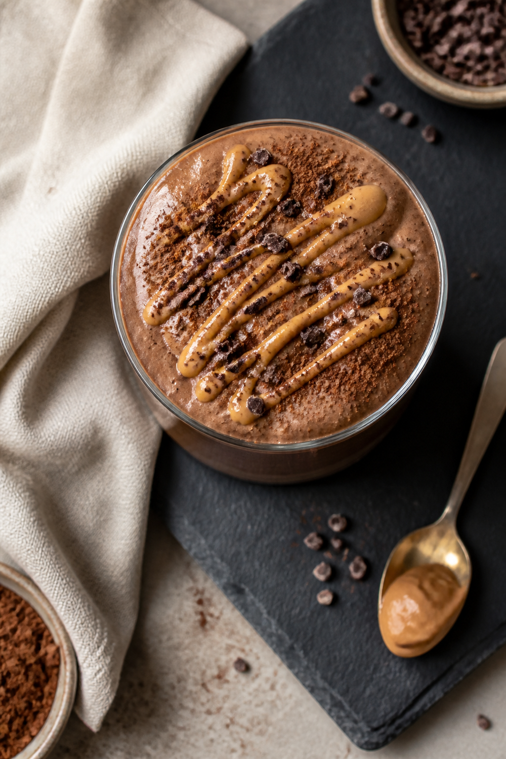 Tasty top view: Overhead shot of the finished Chocolate Peanut Butter Banana Smoothie in a wide-mout